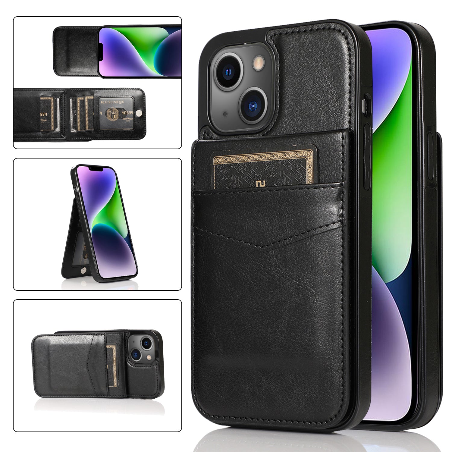 Phone Kickstand Case for iPhone 14 Plus Card Holder PU Leather + TPU Phone Cover