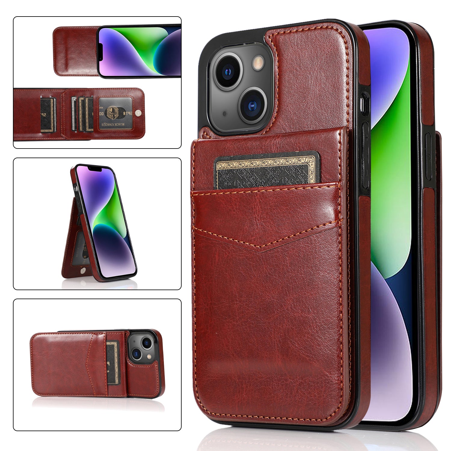 Phone Kickstand Case for iPhone 14 Plus Card Holder PU Leather + TPU Phone Cover