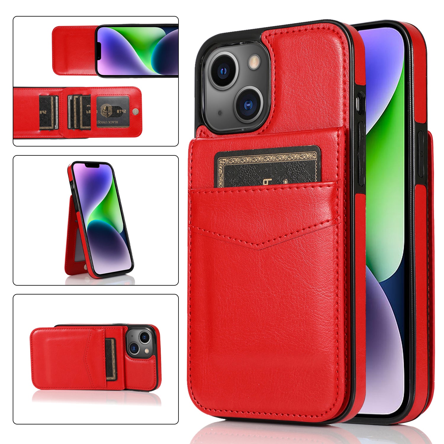 Phone Kickstand Case for iPhone 14 Plus Card Holder PU Leather + TPU Phone Cover
