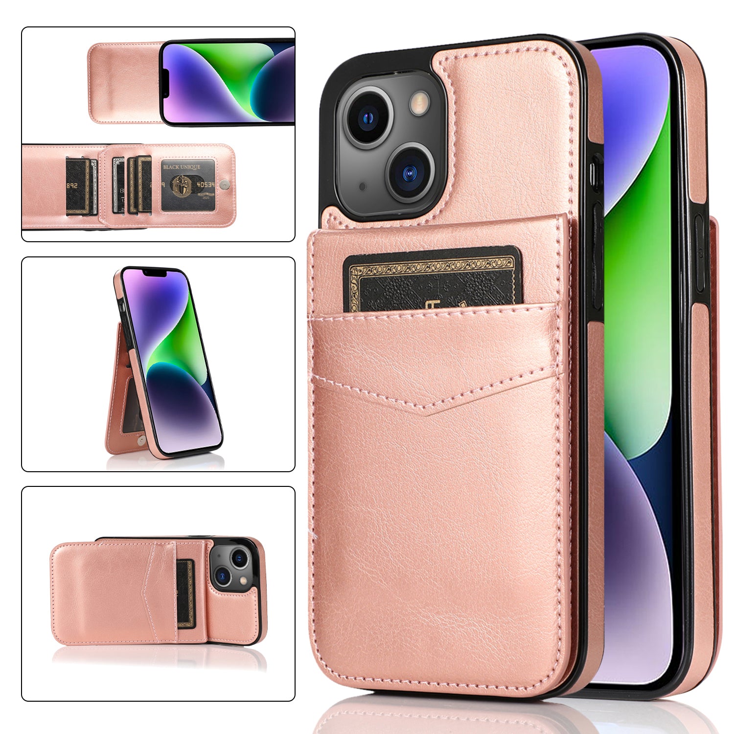 Phone Kickstand Case for iPhone 14 Plus Card Holder PU Leather + TPU Phone Cover
