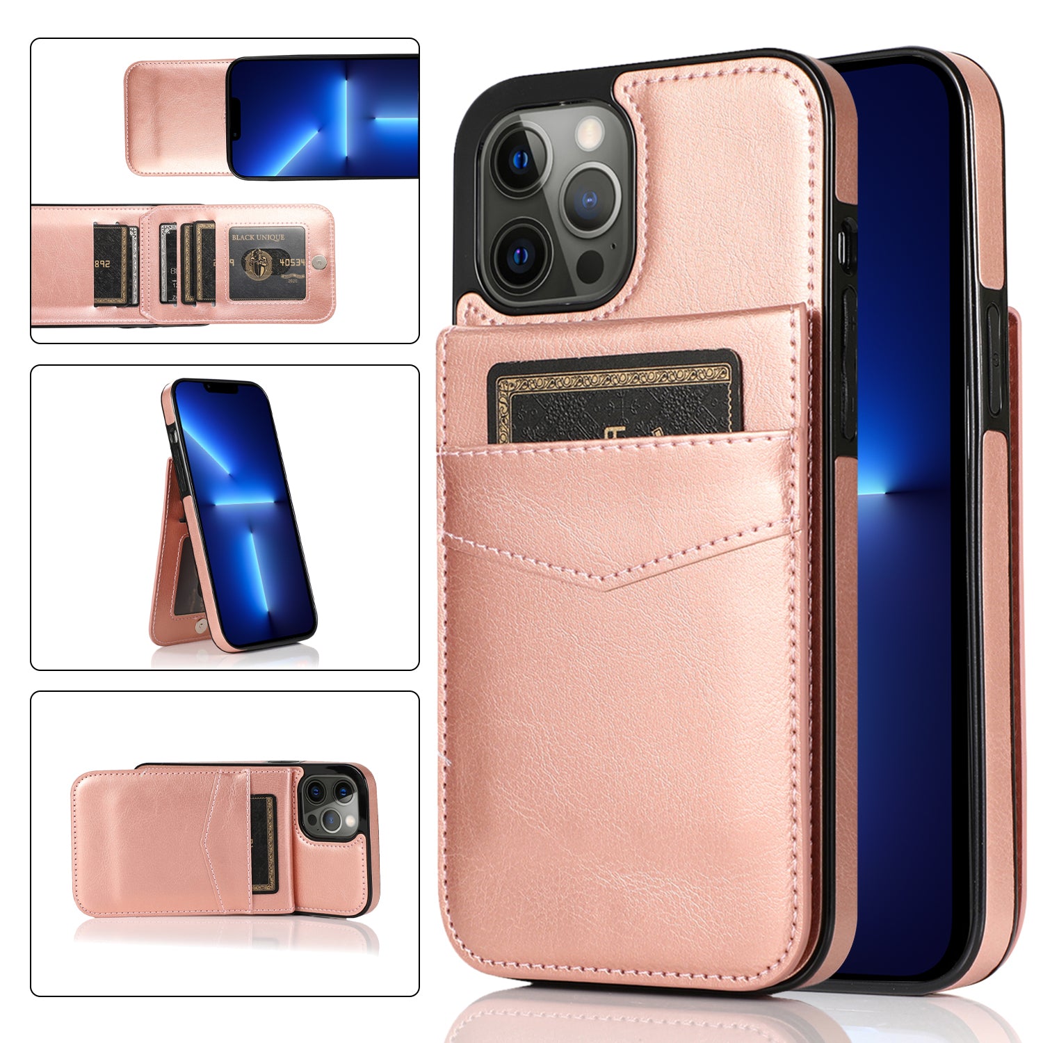 Card Holder Phone Cover for iPhone 13 Pro PU Leather + TPU Case with Kickstand