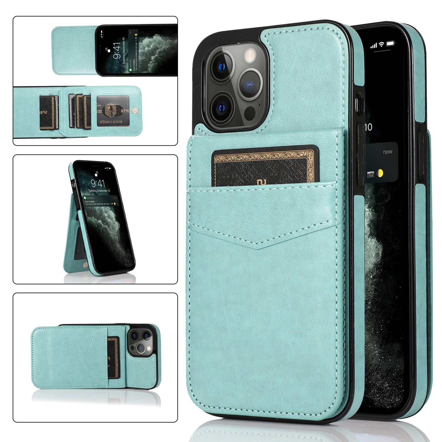 Lædercoated TPU Kickstand Cover til iPhone 12 Pro Max Kortholder Mobiltelefon Cover