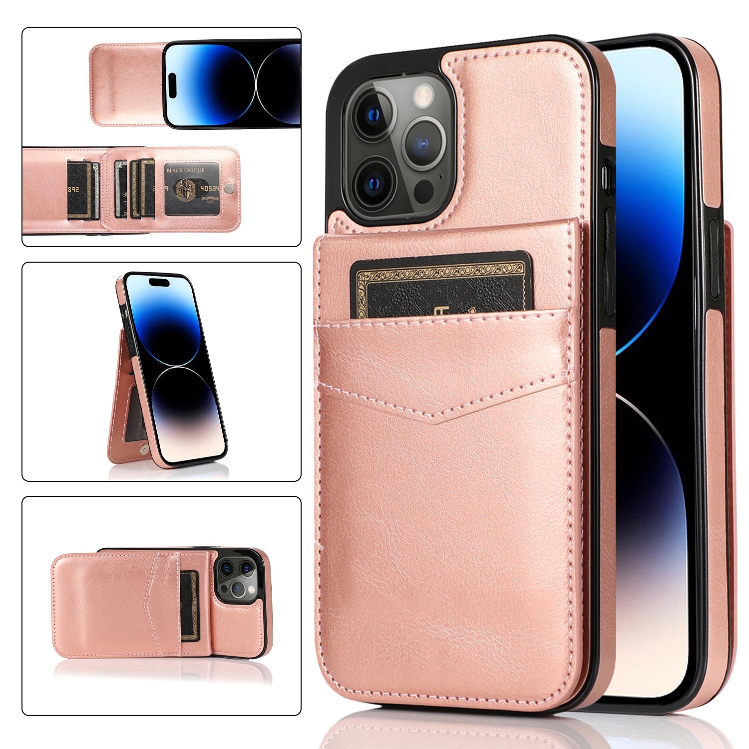 Kickstand Phone Cover for iPhone 14 Pro Max PU Leather + TPU Case with Card Holder