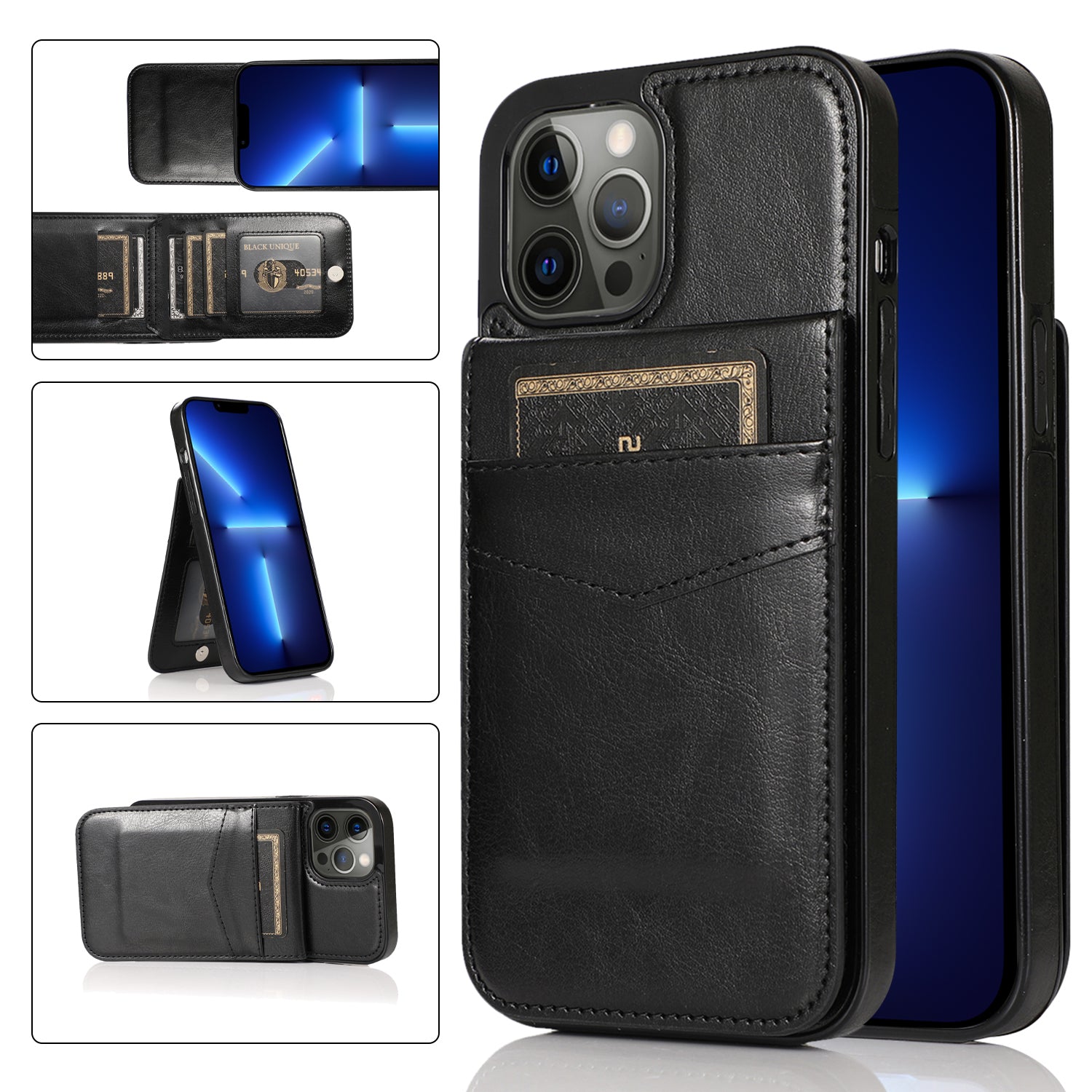 For iPhone 13 Pro Max Card Slots Phone Kickstand Case PU Leather Coated TPU Back Cover