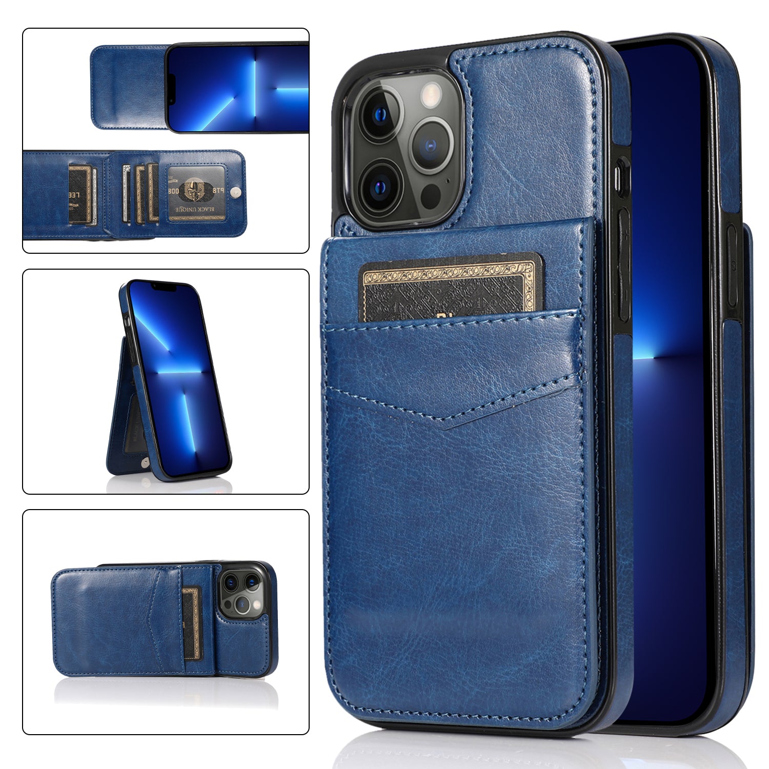 For iPhone 13 Pro Max Card Slots Phone Kickstand Case PU Leather Coated TPU Back Cover