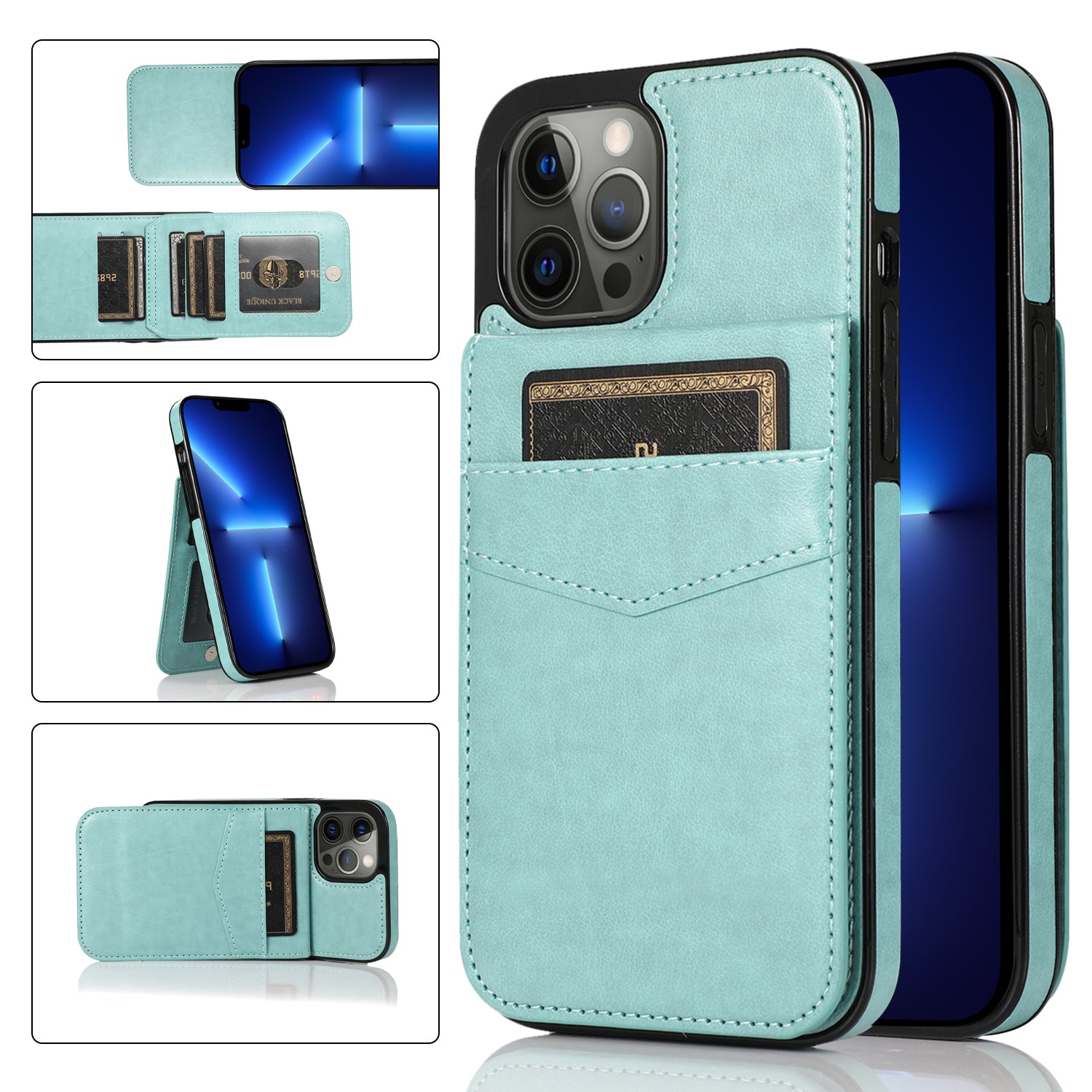 For iPhone 13 Pro Max Card Slots Phone Kickstand Case PU Leather Coated TPU Back Cover