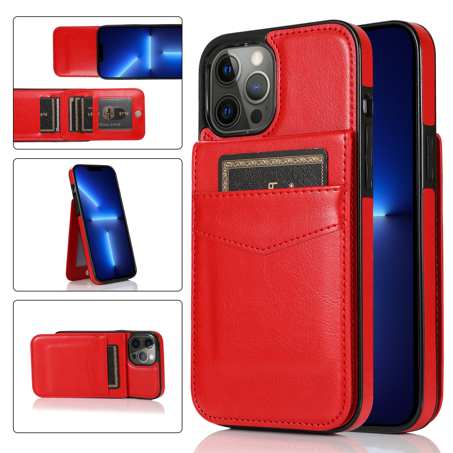 For iPhone 13 Pro Max Card Slots Phone Kickstand Case PU Leather Coated TPU Back Cover