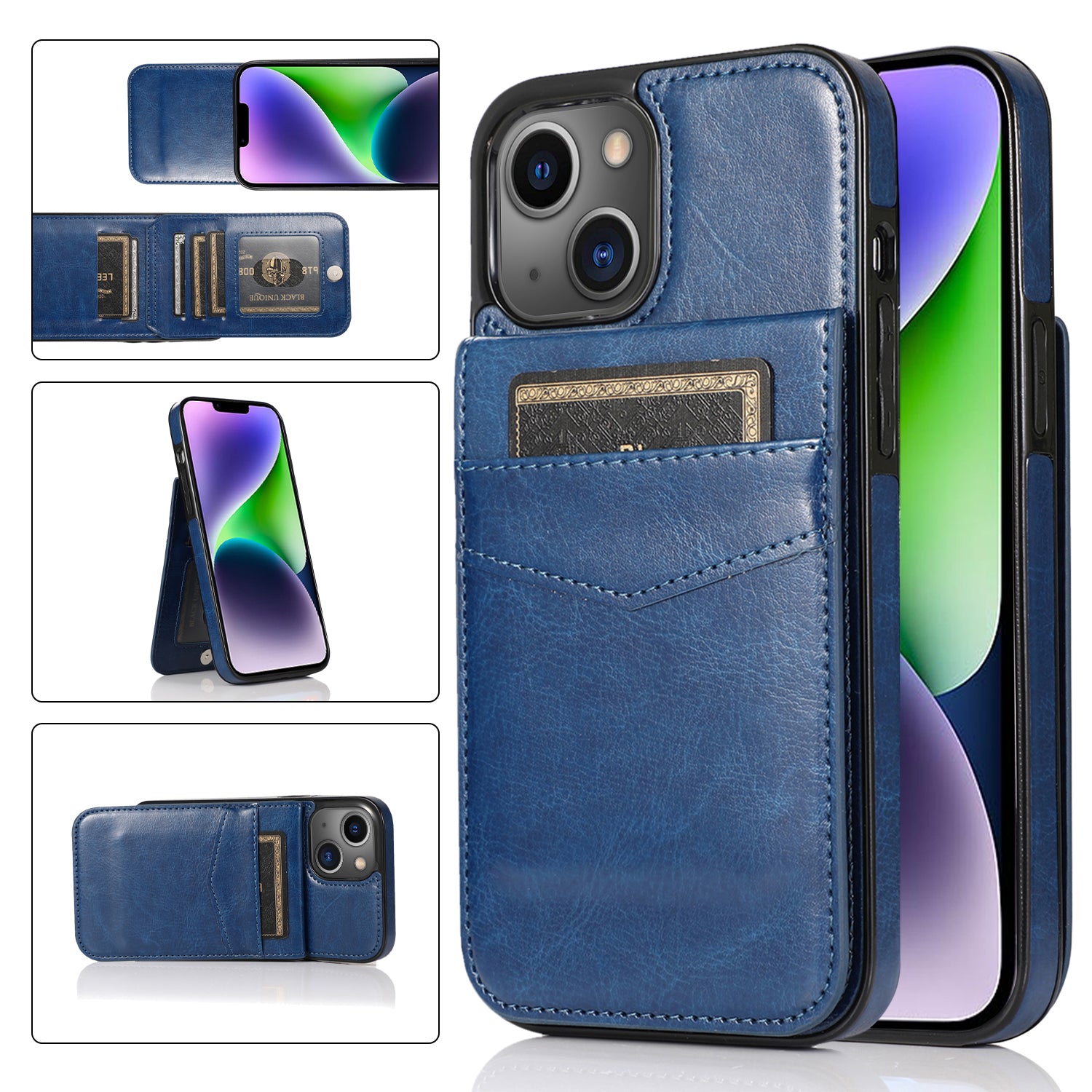For iPhone 13 14 Card Holder PU Leather Coated TPU Phone Case Kickstand Smartphone Cover