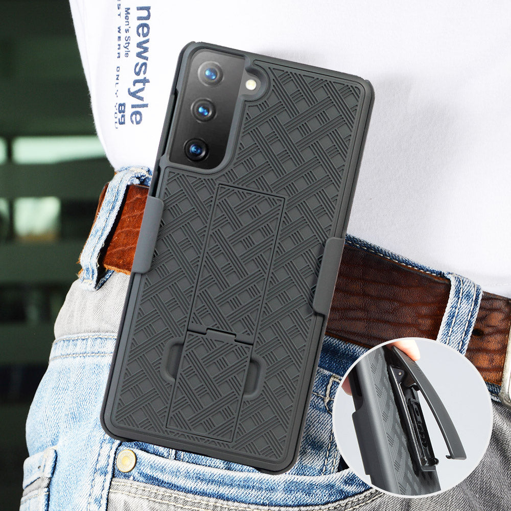 Swivel Belt Clip Built-in Kickstand Woven Texture PC Hard Case for Samsung Galaxy S21 4G 5G