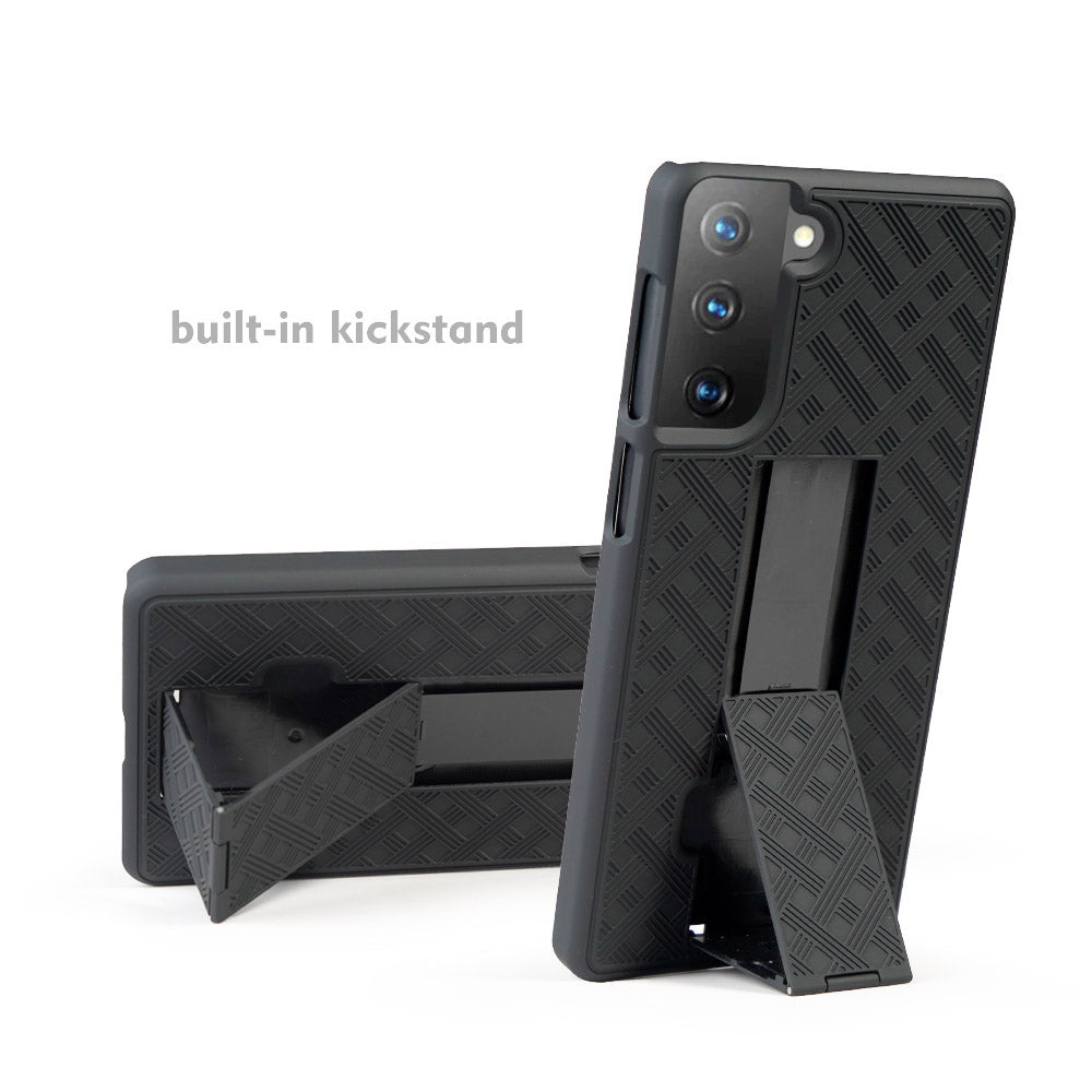 Swivel Belt Clip Built-in Kickstand Woven Texture PC Hard Case for Samsung Galaxy S21 4G 5G