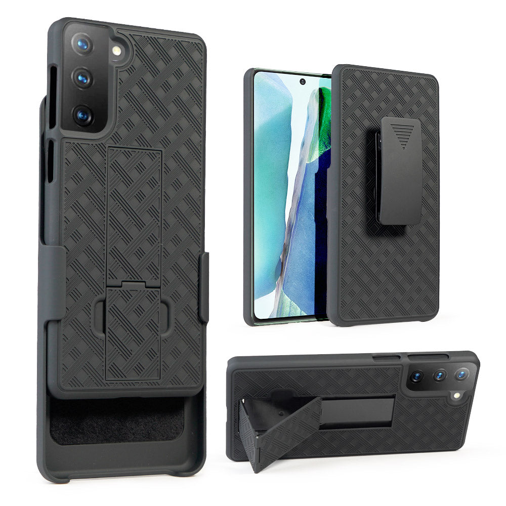 Woven Texture Swivel Belt Clip Built-in Kickstand PC Hard Case for Samsung Galaxy S21 5G
