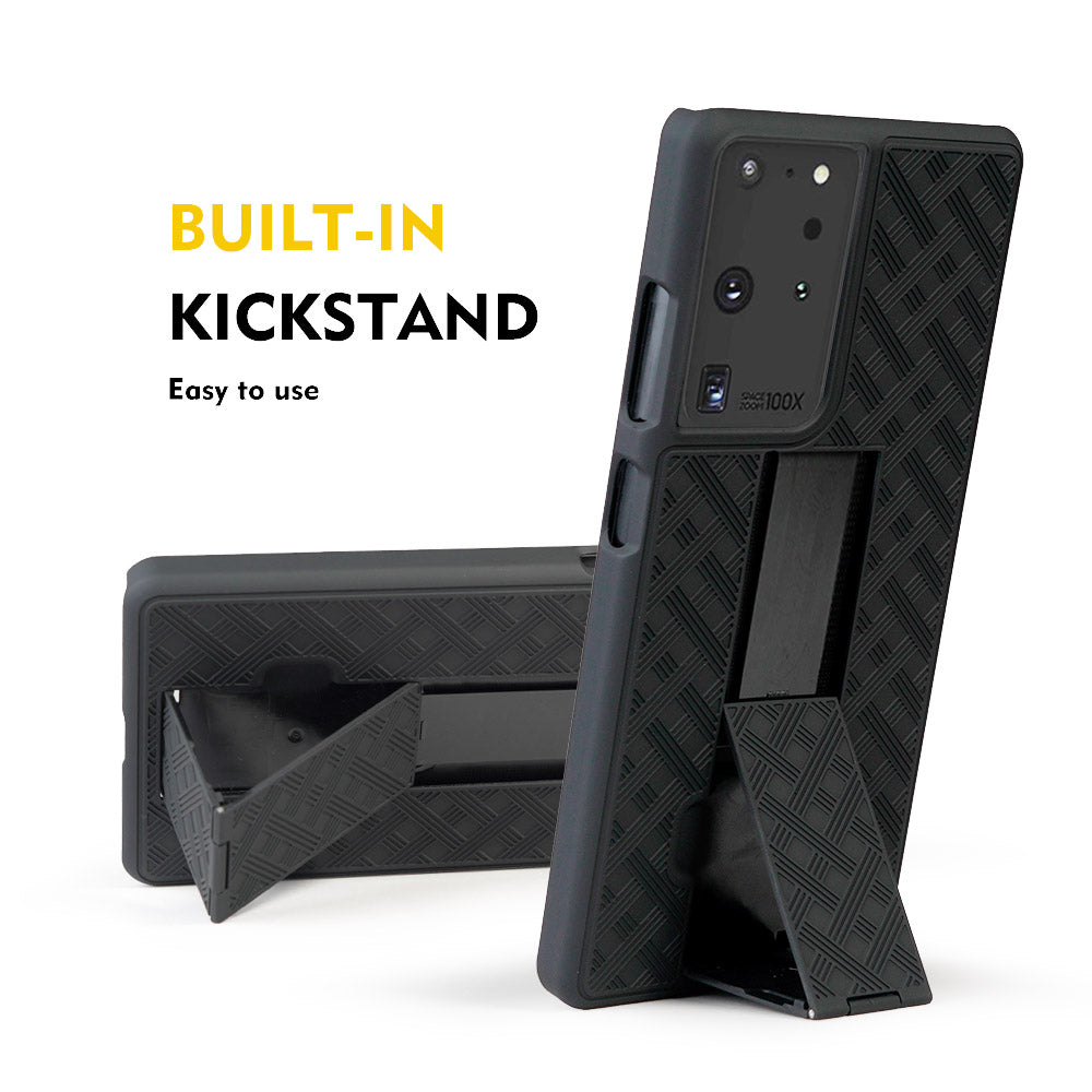 Woven Texture Built-in Kickstand PC Hard Case for Samsung Galaxy S21 Ultra 5G