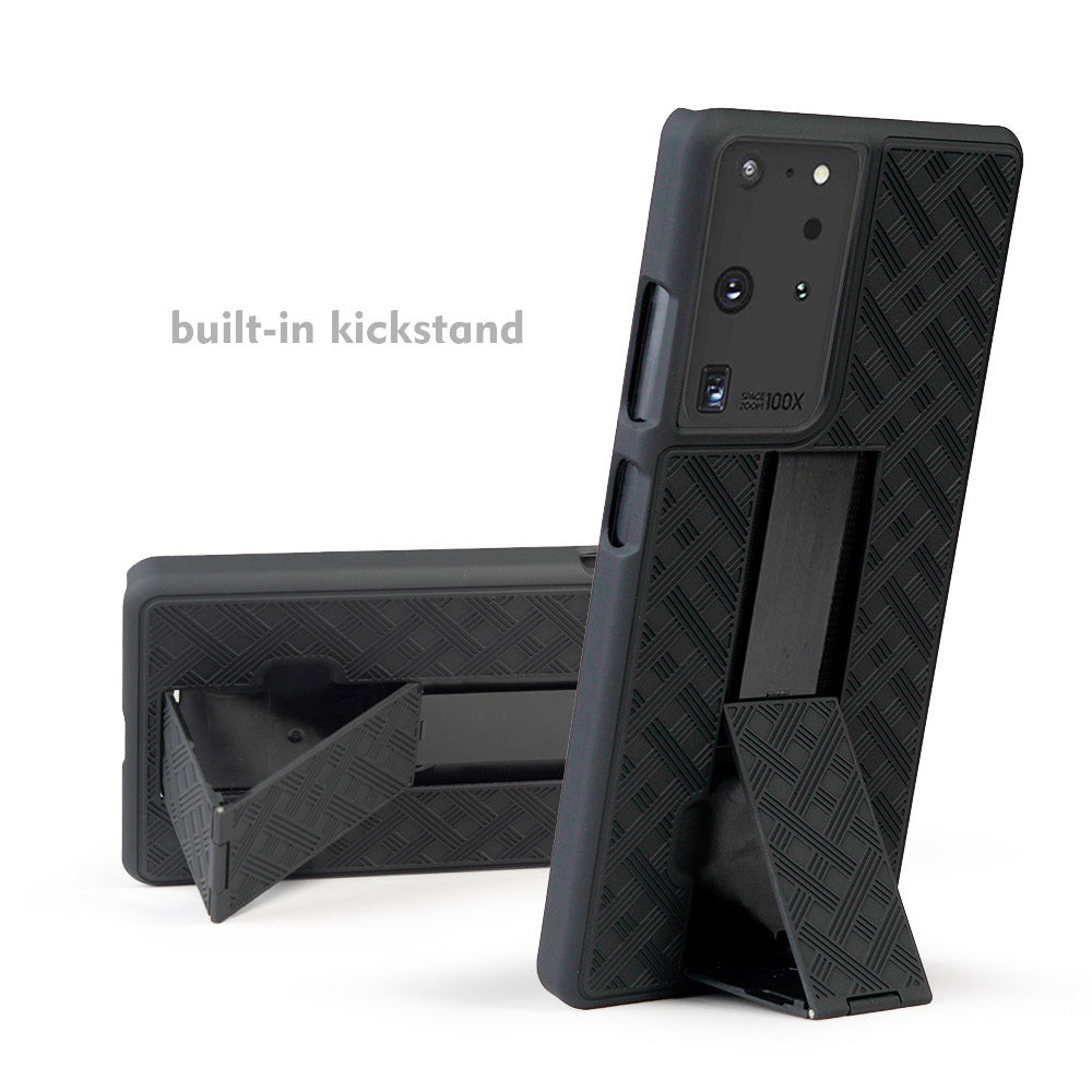 Woven Texture Built-in Kickstand PC Hard Case for Samsung Galaxy S21 Ultra 5G