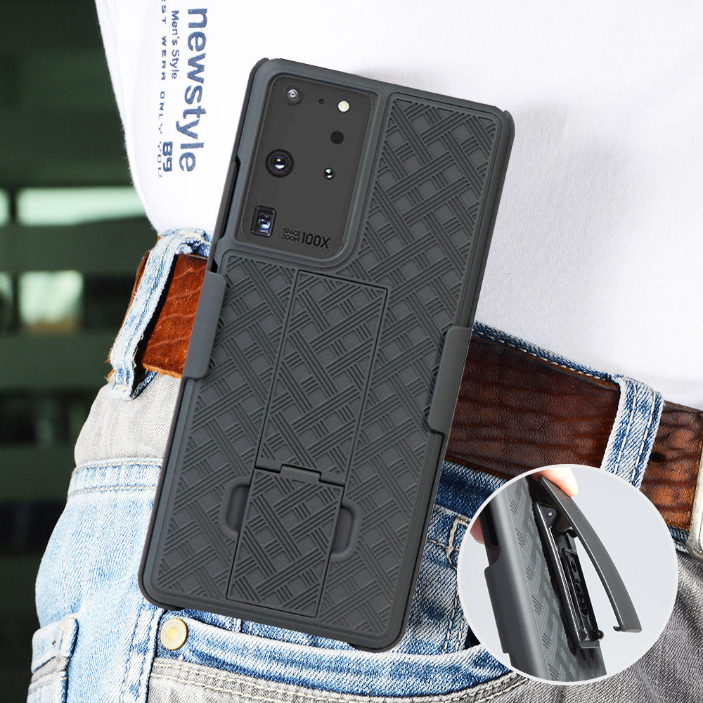 Woven Texture Built-in Kickstand PC Hard Case for Samsung Galaxy S21 Ultra 5G