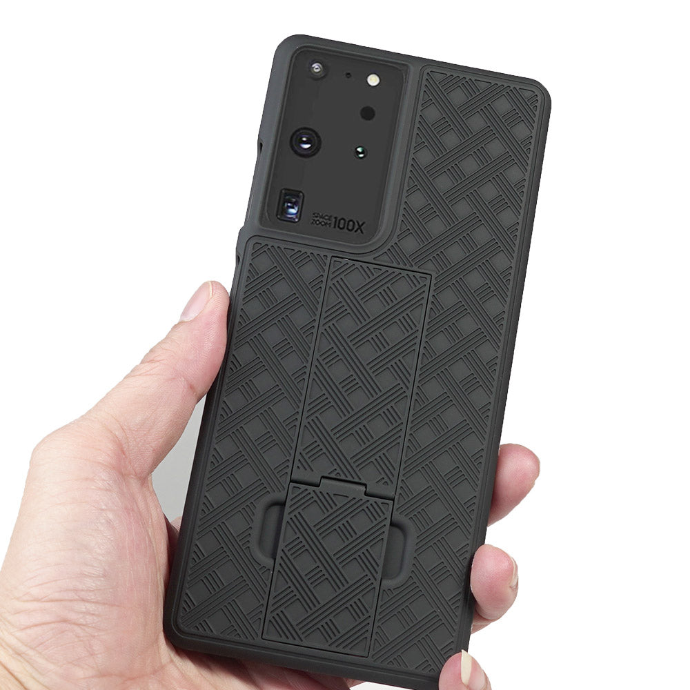 Woven Texture Built-in Kickstand PC Hard Case for Samsung Galaxy S21 Ultra 5G