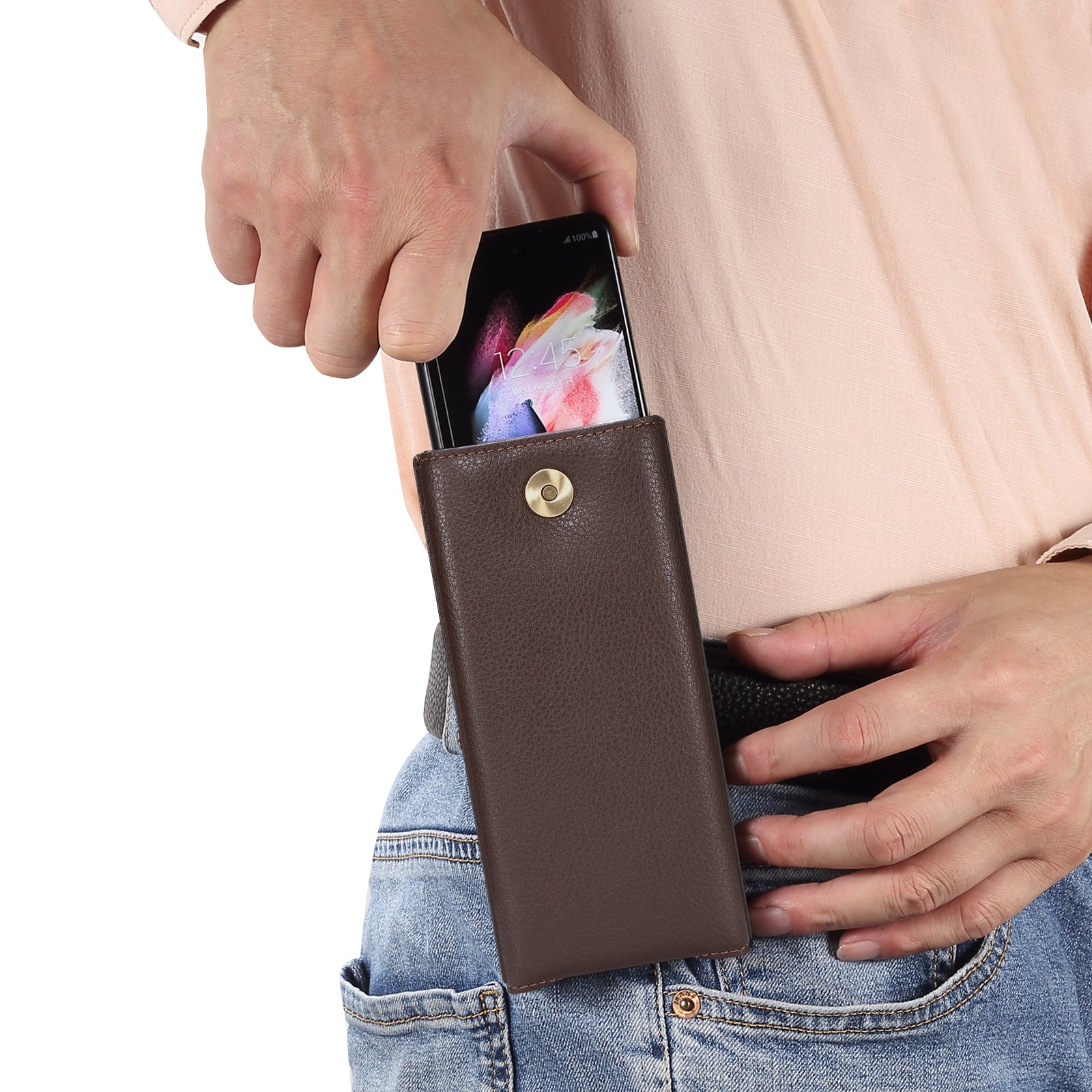 For Samsung Galaxy Z Fold3 5G/Fold2 5G/Fold4 5G/Huawei Mate X2/Xs Phone Belt Loop Waist Bag Microfiber Leather Rotary Belt Clip Phone Case Pouch - Brown