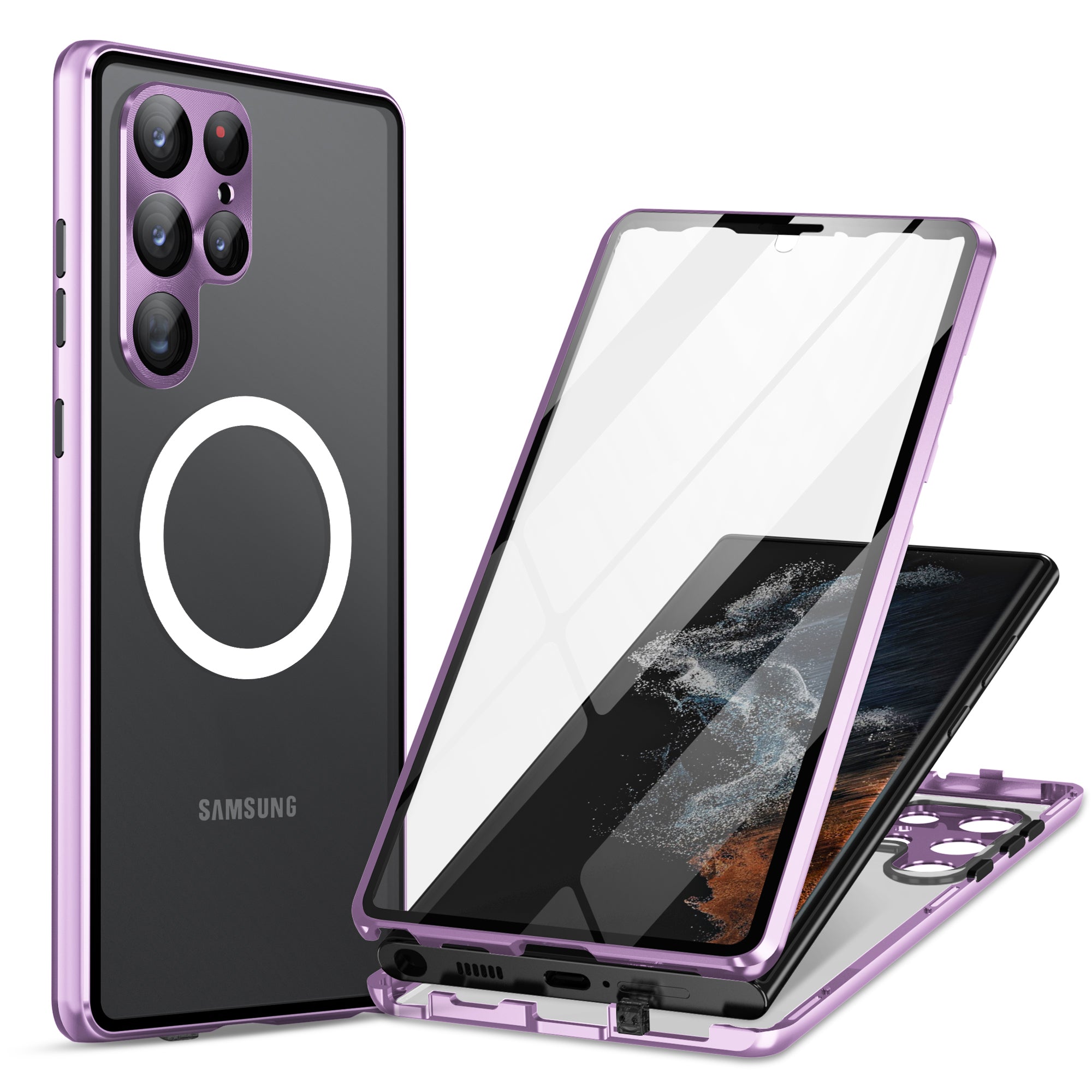 For Samsung Galaxy S22 Ultra 5G Phone Case Matte PC Metal Tempered Glass Magnetic Cover