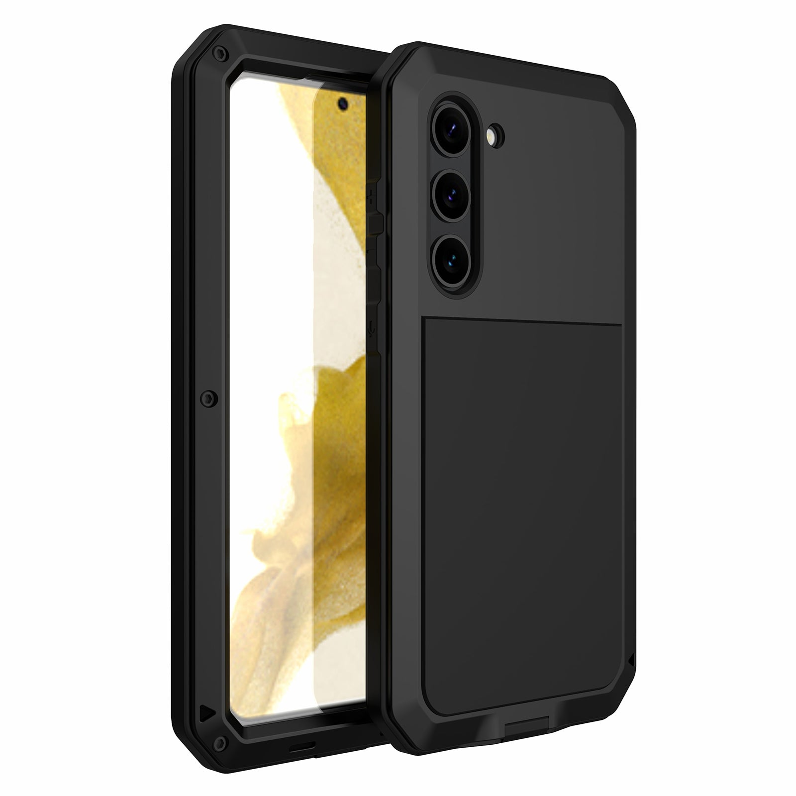 For Samsung Galaxy S23 Silicone Metal Anti-drop Phone Case Anti-scratch Phone Cover with Tempered Glass Film
