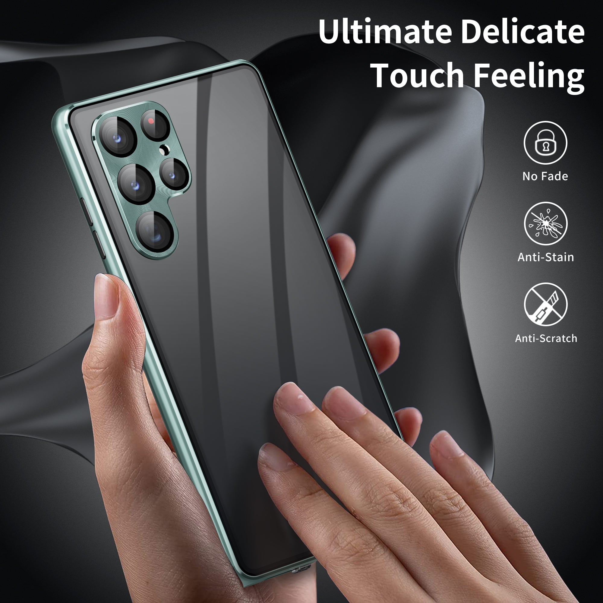 For Samsung Galaxy S23 Ultra Anti-peep Single-Sided Tempered Glass PC Panel Anti-scratch Phone Cover with Safety Buckle and Magnetic Adsorption Metal Frame