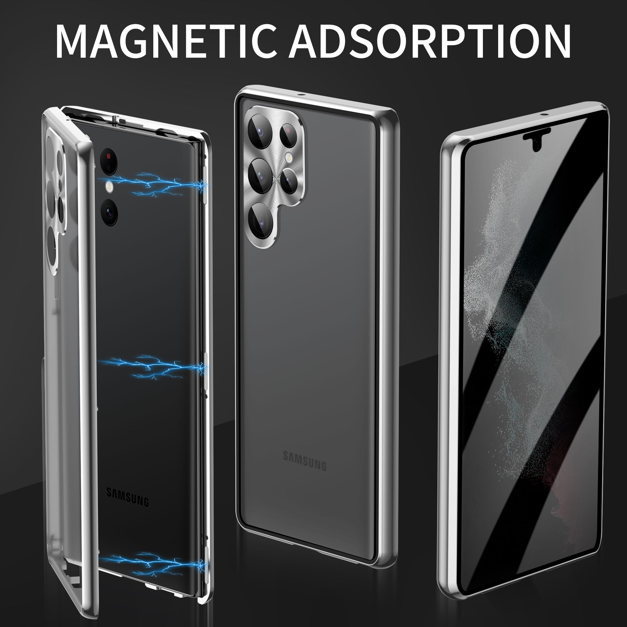 For Samsung Galaxy S23 Ultra Anti-peep Single-Sided Tempered Glass PC Panel Anti-scratch Phone Cover with Safety Buckle and Magnetic Adsorption Metal Frame