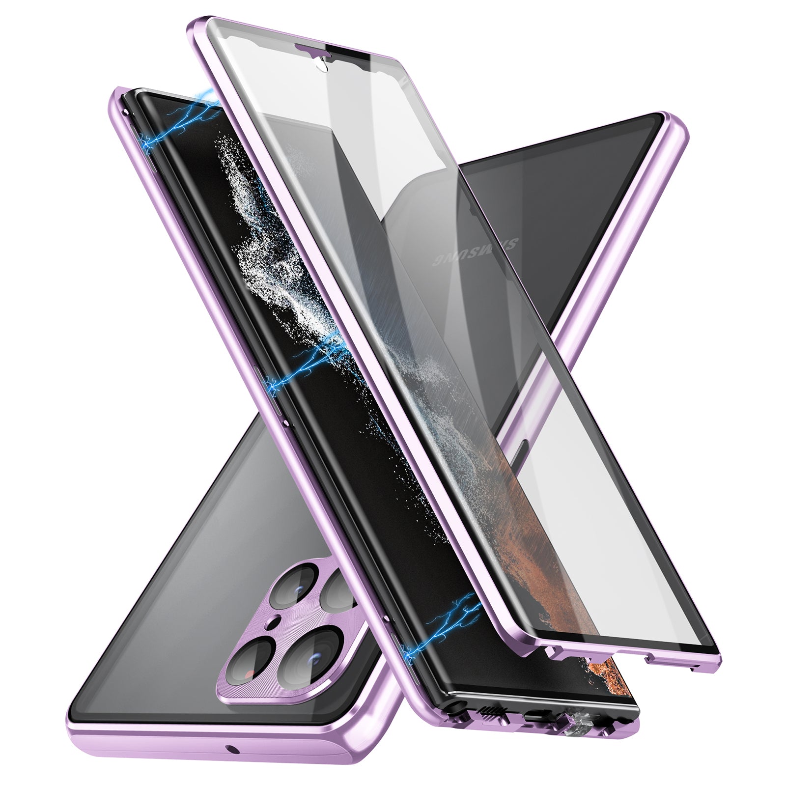 For Samsung Galaxy S23 Ultra Drop-proof Clear Phone Case Single-Sided Tempered Glass PC Panel Magnetic Adsorption Metal Frame Phone Cover with Safety Buckle