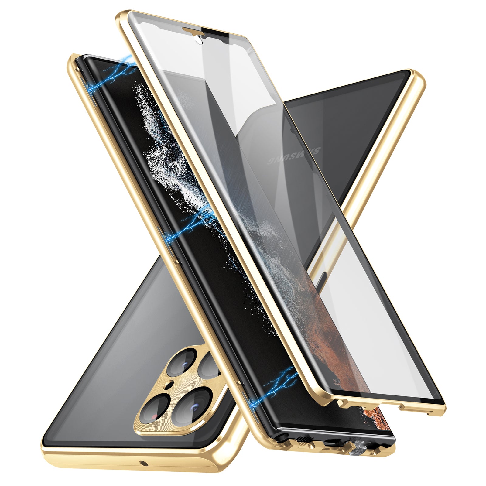 For Samsung Galaxy S23 Ultra Drop-proof Clear Phone Case Single-Sided Tempered Glass PC Panel Magnetic Adsorption Metal Frame Phone Cover with Safety Buckle