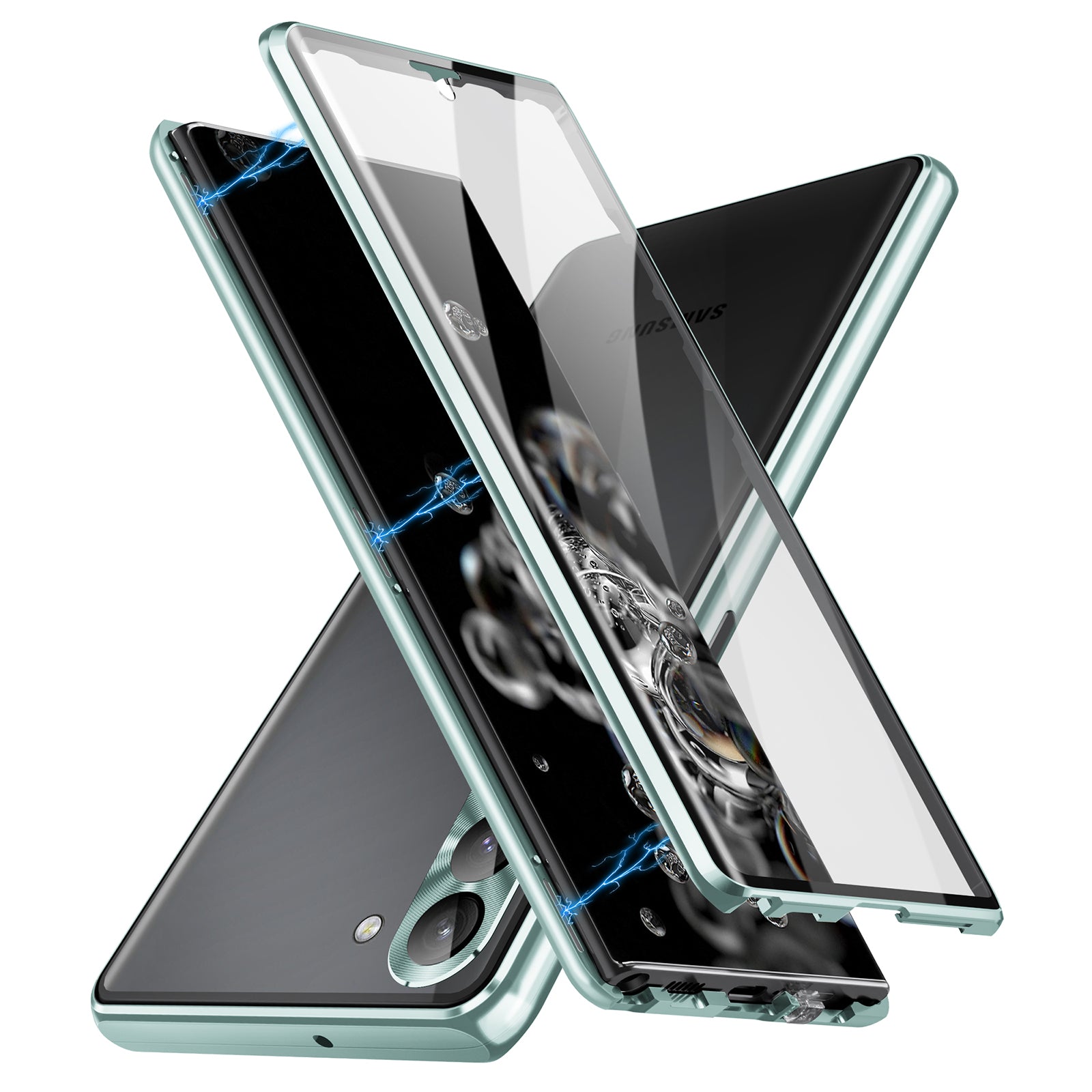 For Samsung Galaxy S23 Single-Sided Tempered Glass PC Panel Clear Phone Case Magnetic Adsorption Metal Frame Anti-scratch Phone Cover with Safety Buckle