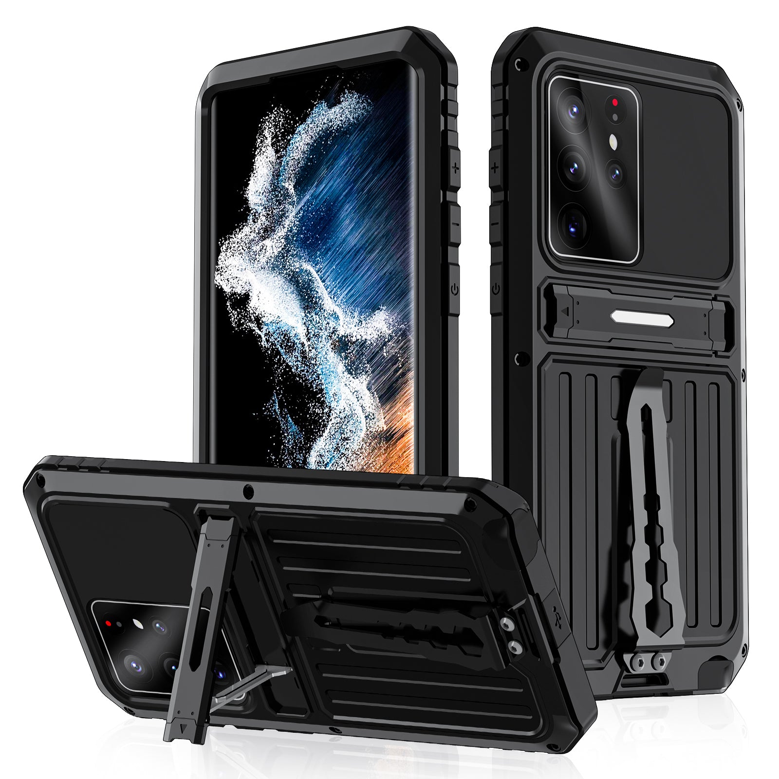 For Samsung Galaxy S23 Ultra Kickstand Design Anti-drop Dust-proof Waterproof Case TPU Metal Phone Cover Shell