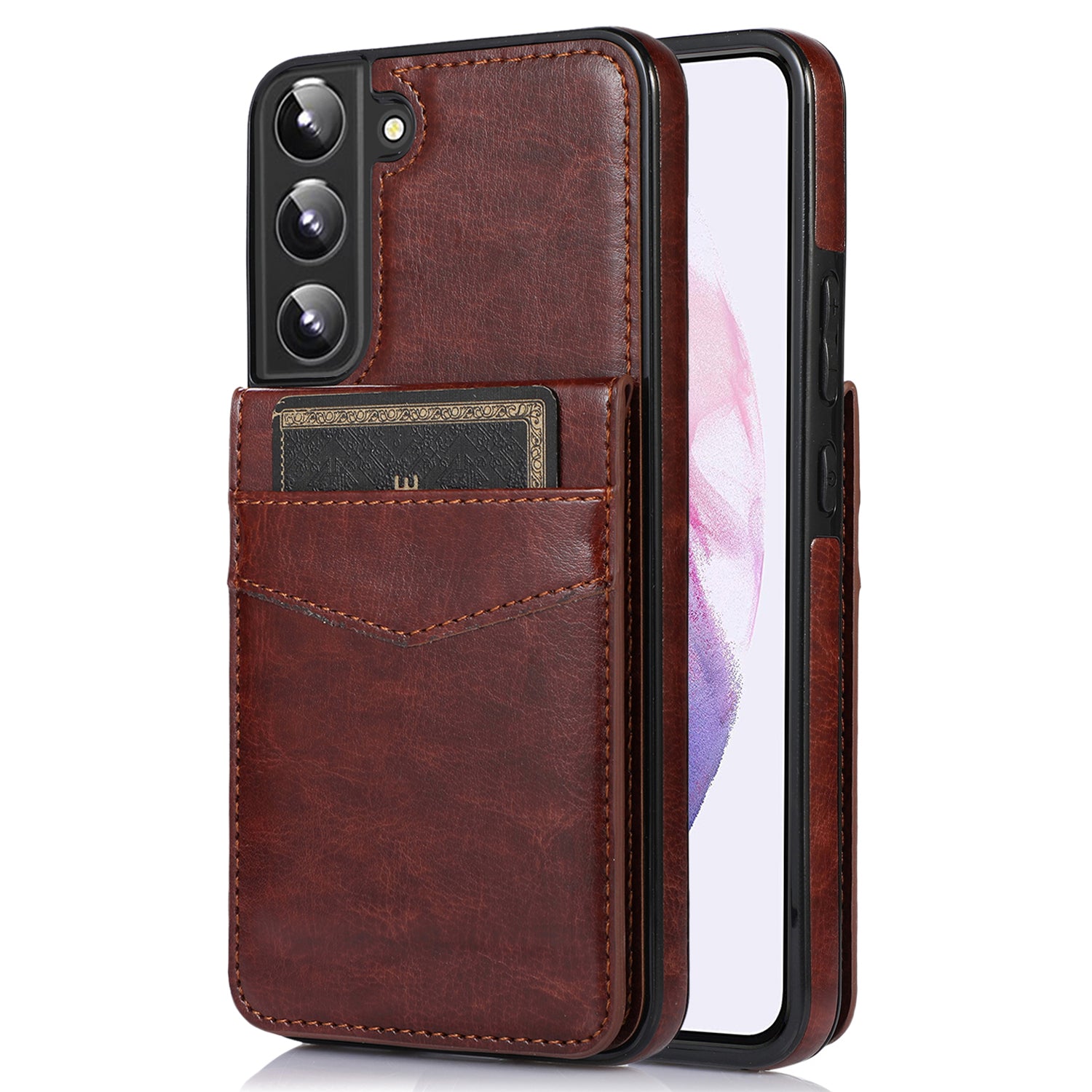 For Samsung Galaxy S22 5G Card Holder Kickstand Cover Anti-scratch PU Leather Coated TPU Phone Case