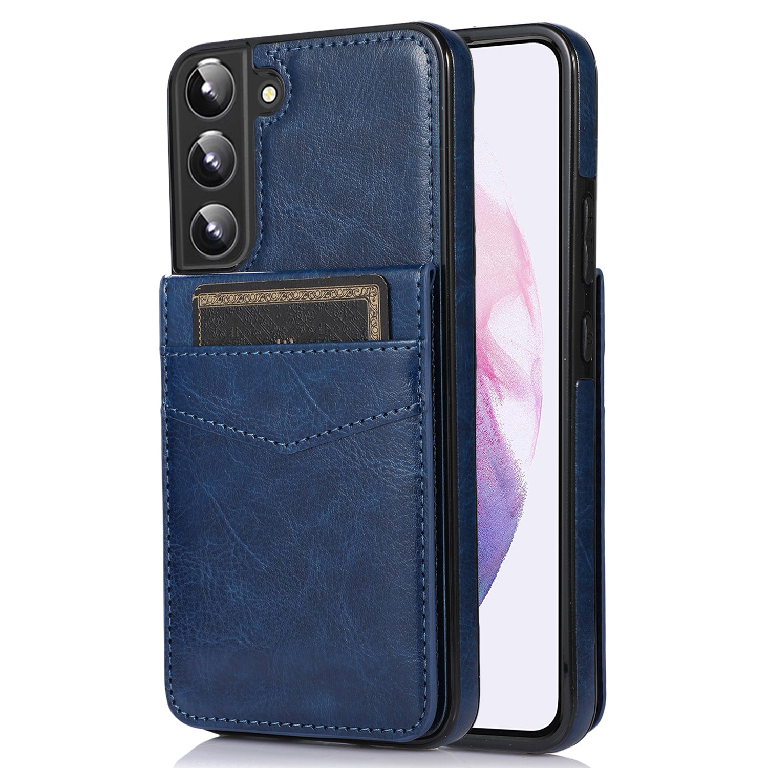 For Samsung Galaxy S22 5G Card Holder Kickstand Cover Anti-scratch PU Leather Coated TPU Phone Case