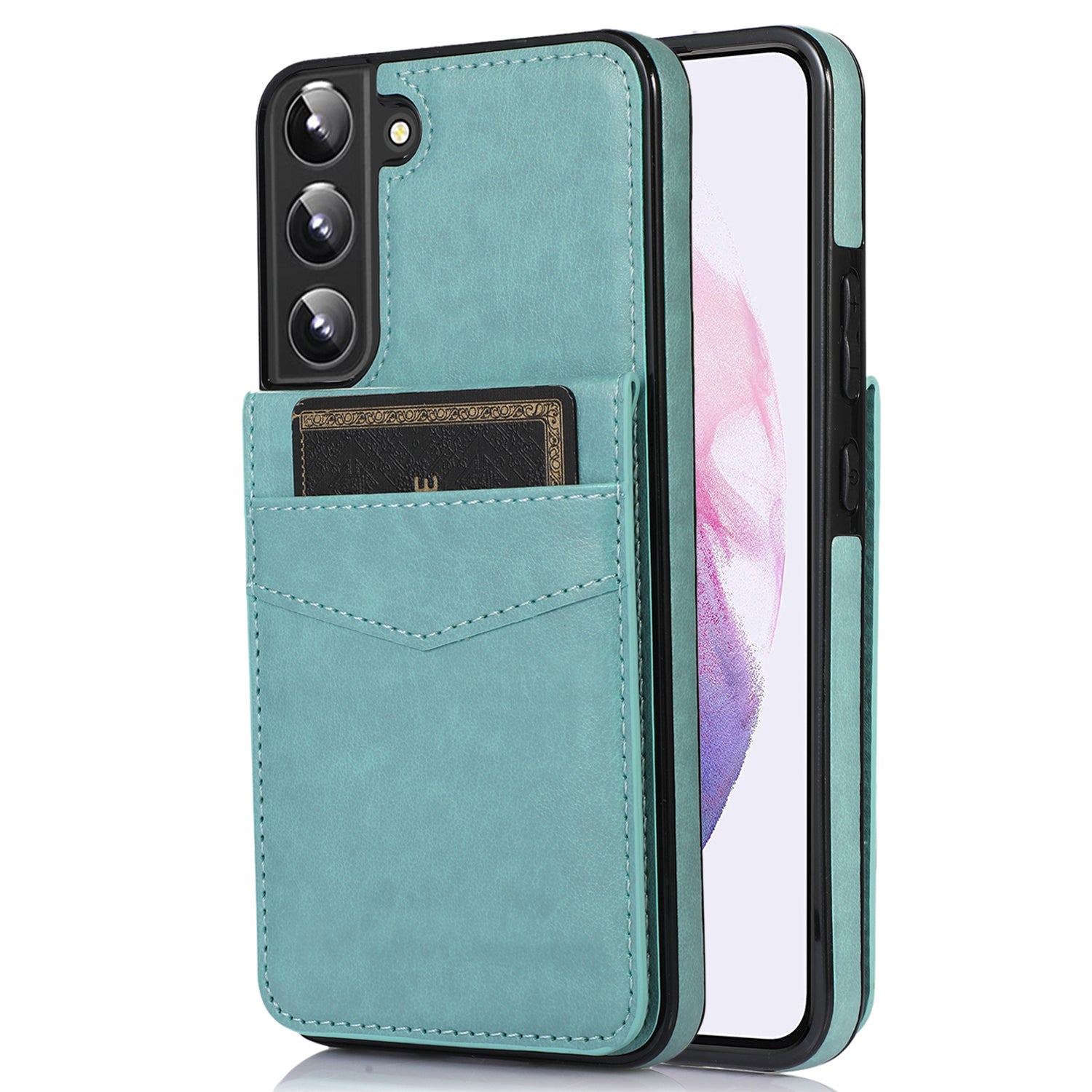 For Samsung Galaxy S22 5G Card Holder Kickstand Cover Anti-scratch PU Leather Coated TPU Phone Case