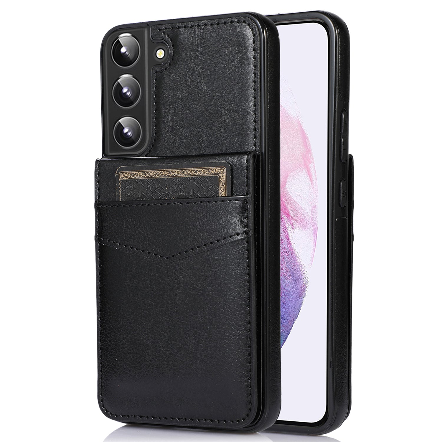 For Samsung Galaxy S22 5G Card Holder Kickstand Cover Anti-scratch PU Leather Coated TPU Phone Case