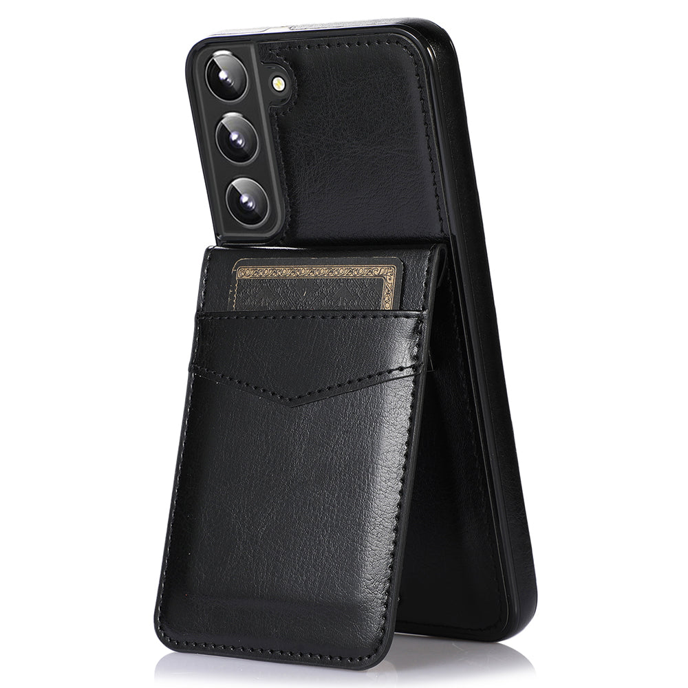 For Samsung Galaxy S22 5G Card Holder Kickstand Cover Anti-scratch PU Leather Coated TPU Phone Case
