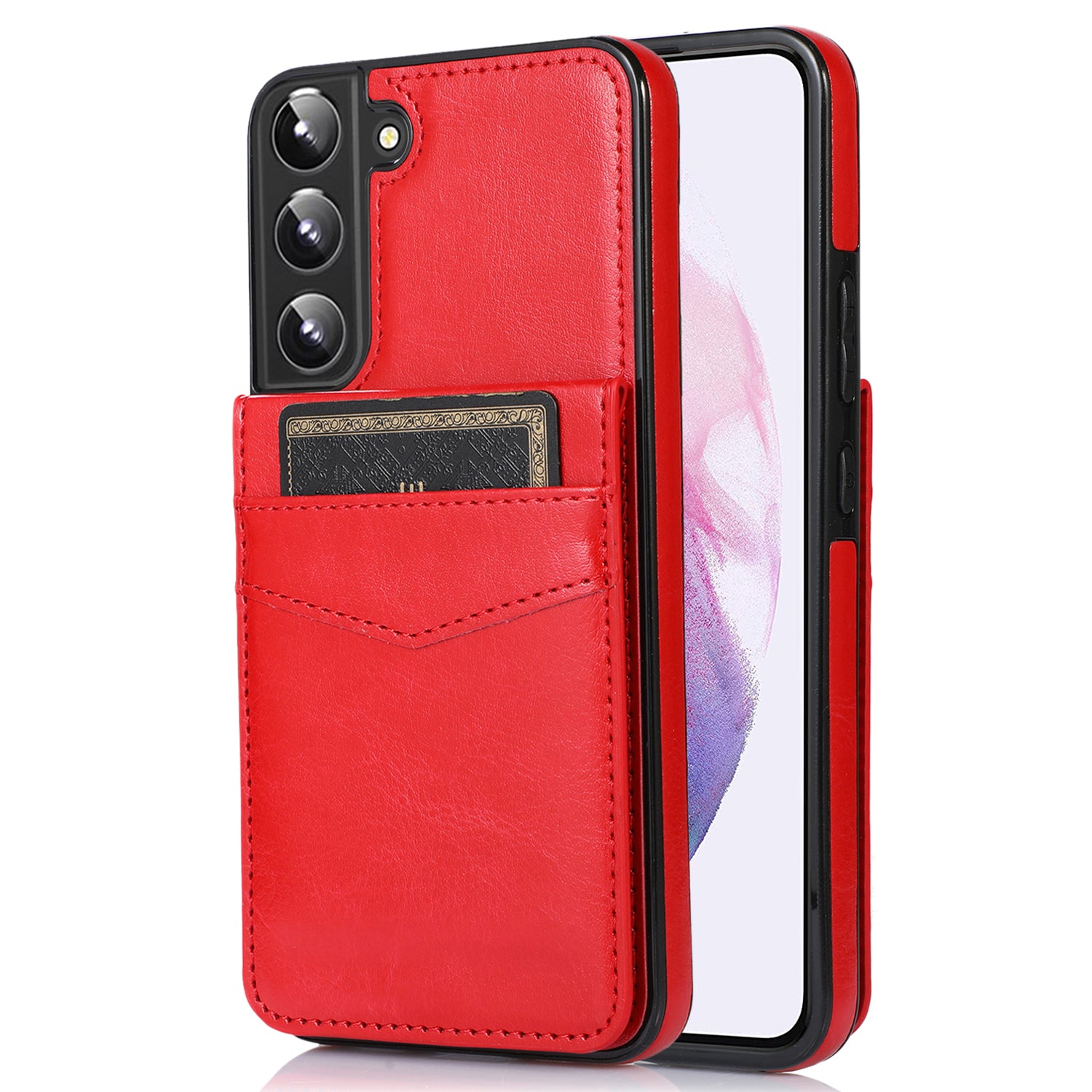 For Samsung Galaxy S22 5G Card Holder Kickstand Cover Anti-scratch PU Leather Coated TPU Phone Case