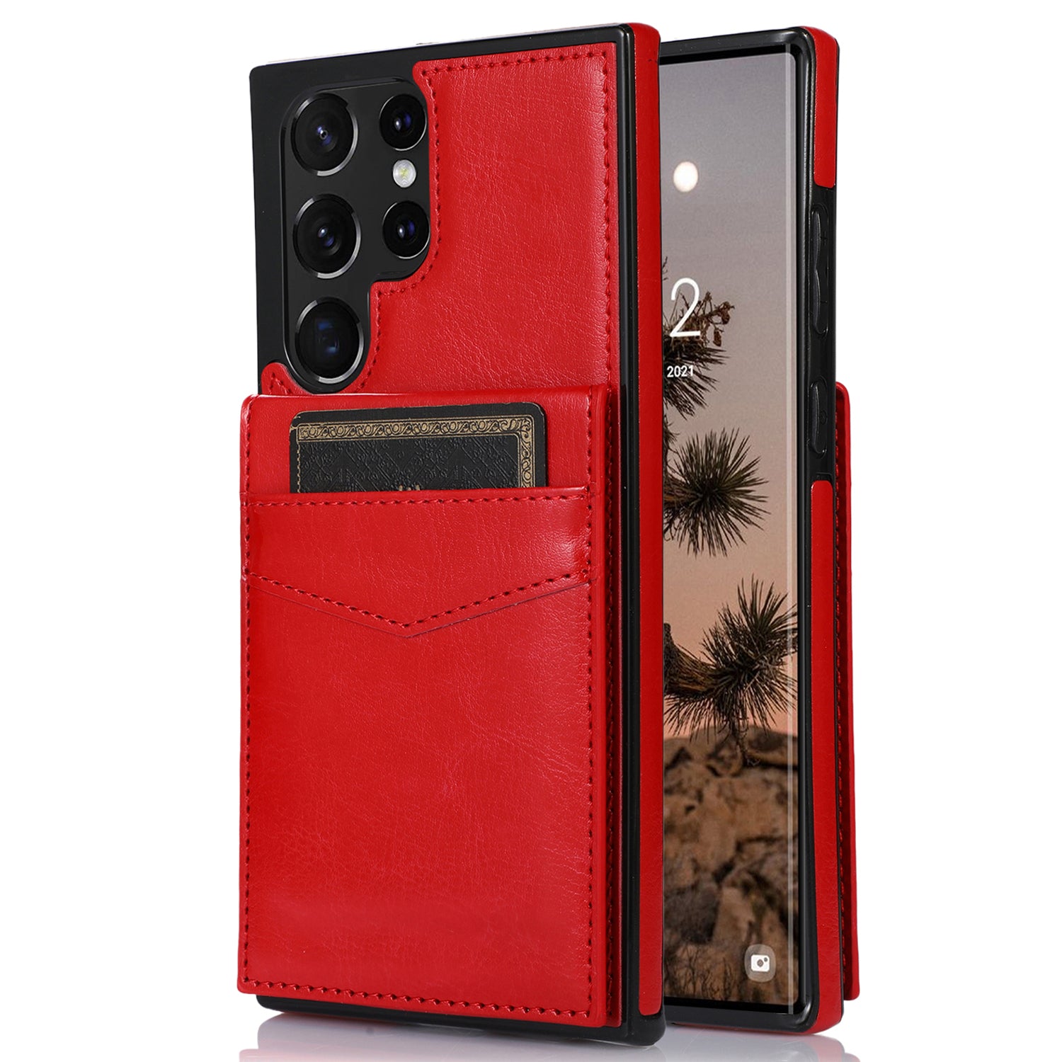 Kickstand Cover for Samsung Galaxy S22 Ultra 5G Card Holder Anti-scratch PU Leather Coated TPU Phone Case