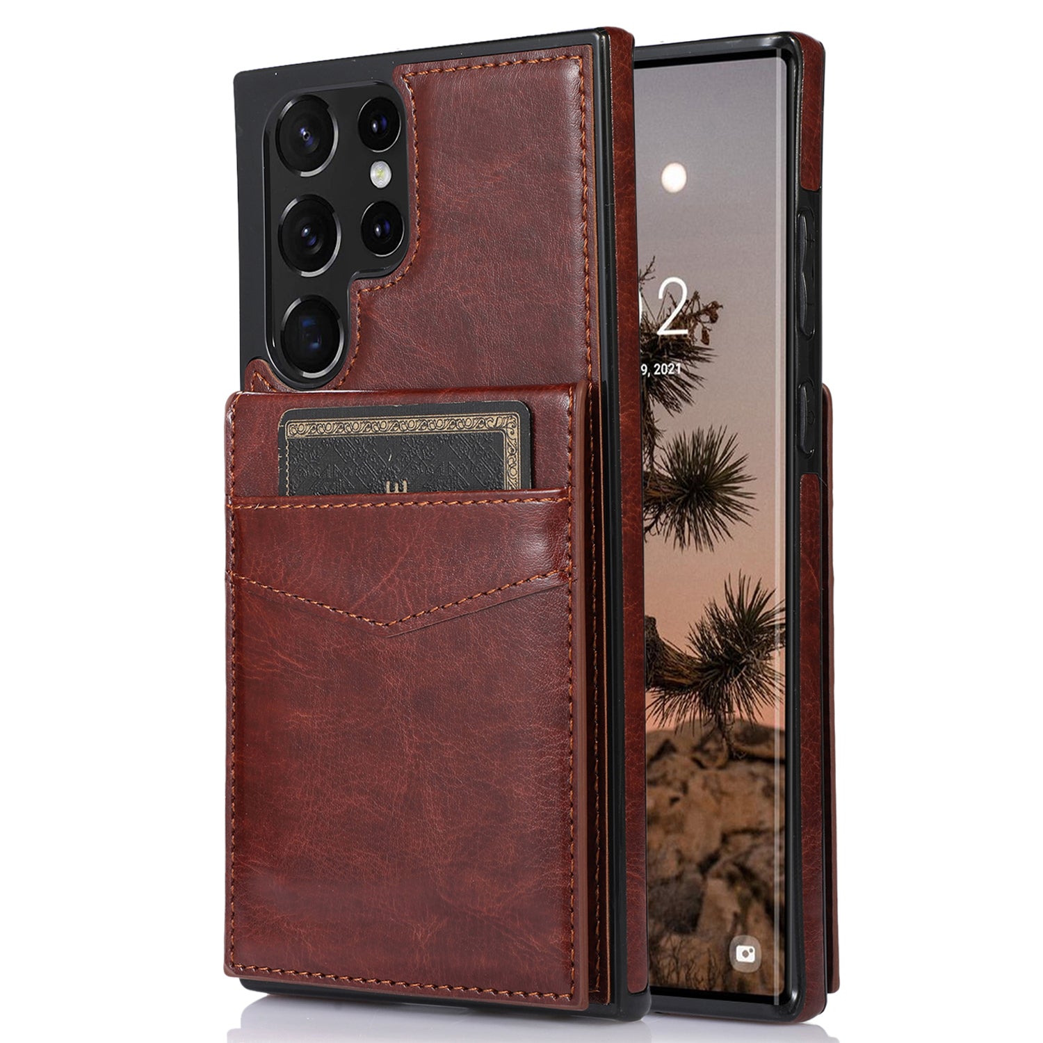 Kickstand Cover for Samsung Galaxy S22 Ultra 5G Card Holder Anti-scratch PU Leather Coated TPU Phone Case