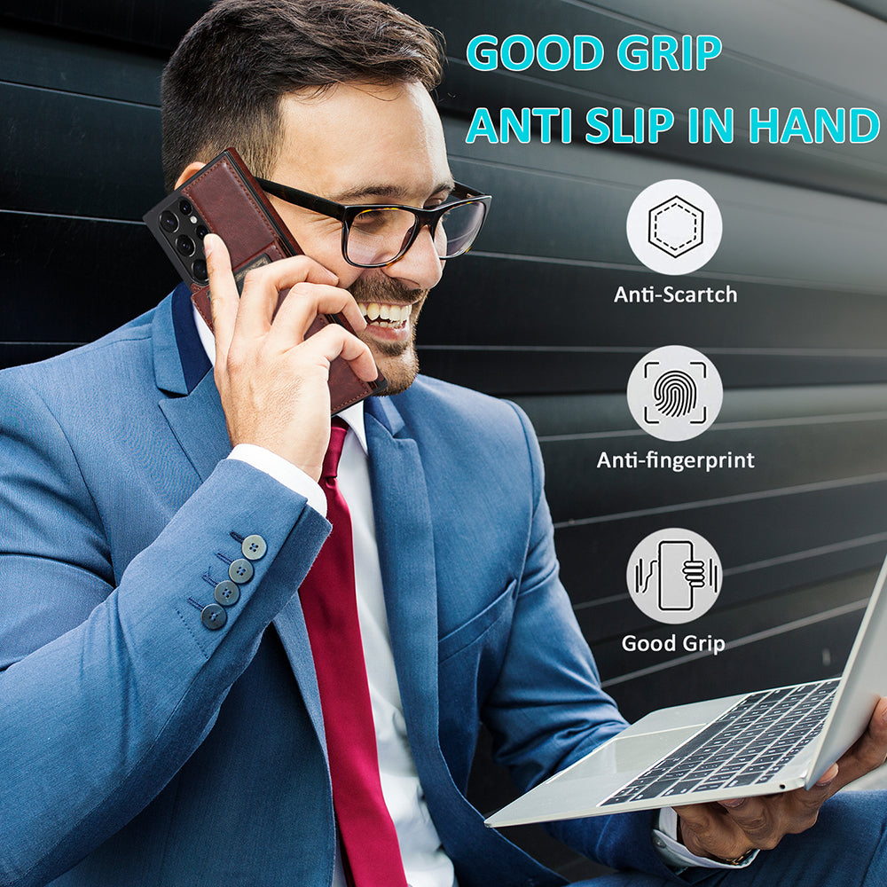 Kickstand Cover for Samsung Galaxy S22 Ultra 5G Card Holder Anti-scratch PU Leather Coated TPU Phone Case