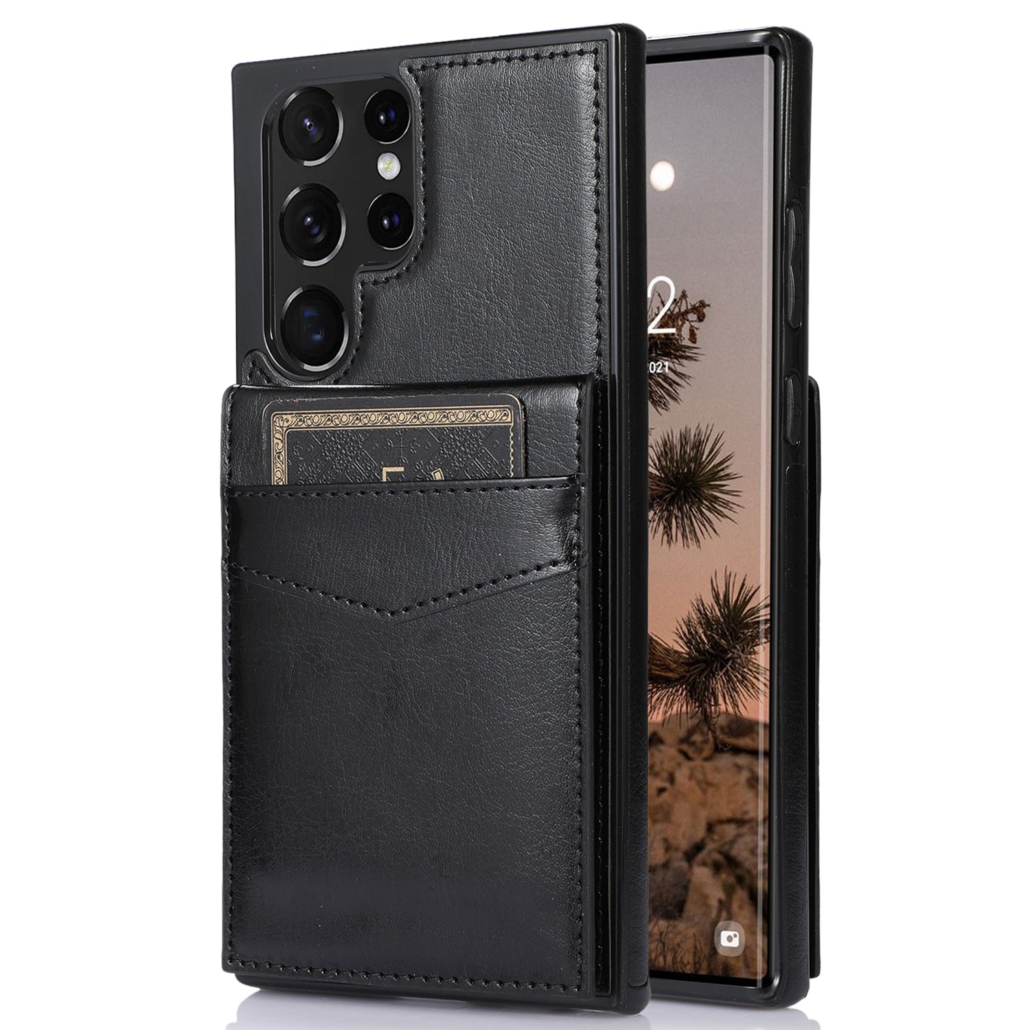 Kickstand Cover for Samsung Galaxy S22 Ultra 5G Card Holder Anti-scratch PU Leather Coated TPU Phone Case