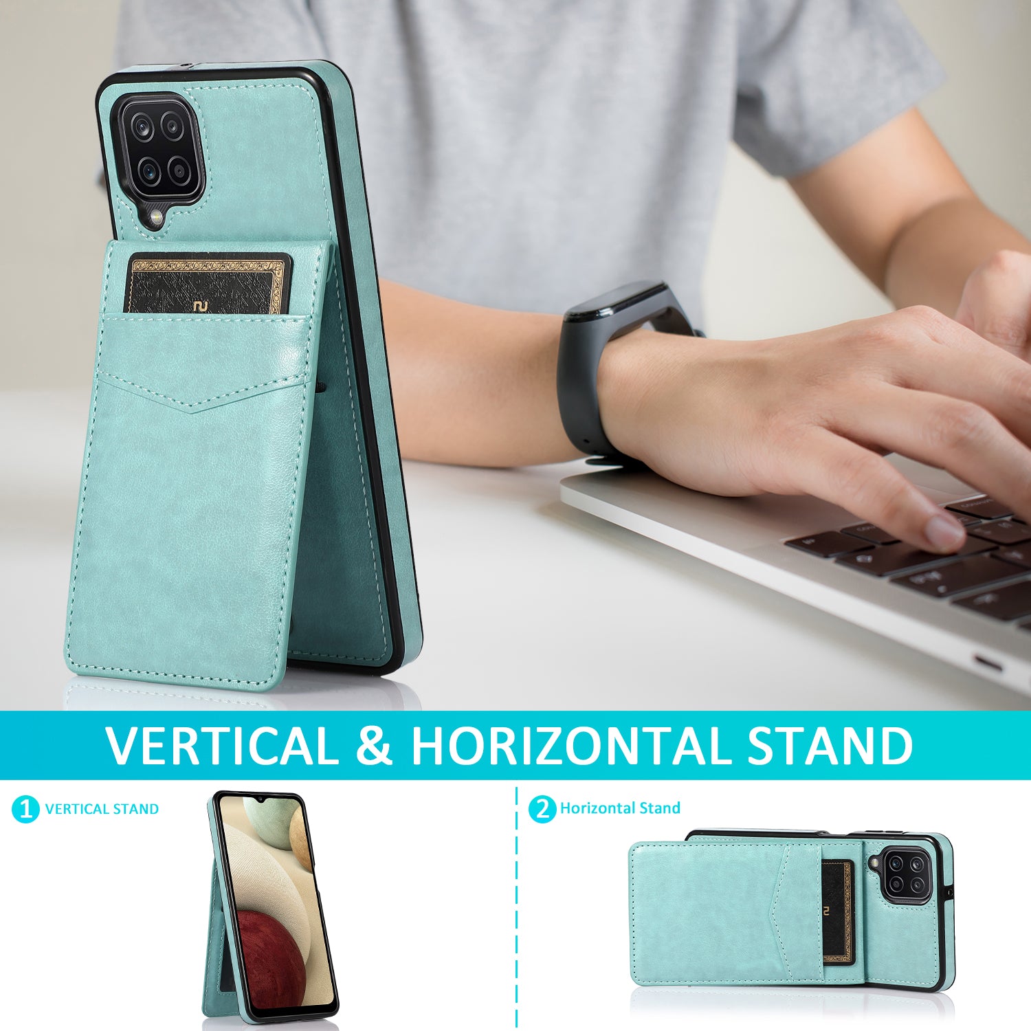 For Samsung Galaxy A12 Cell Phone Cover Stable Kickstand Card Holder PU Leather TPU Phone Case