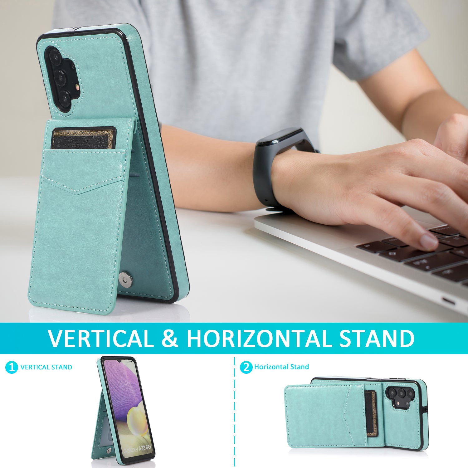 For Samsung Galaxy A32 5G / M32 5G Card Holder Phone Case Kickstand Leather Coated TPU Cover