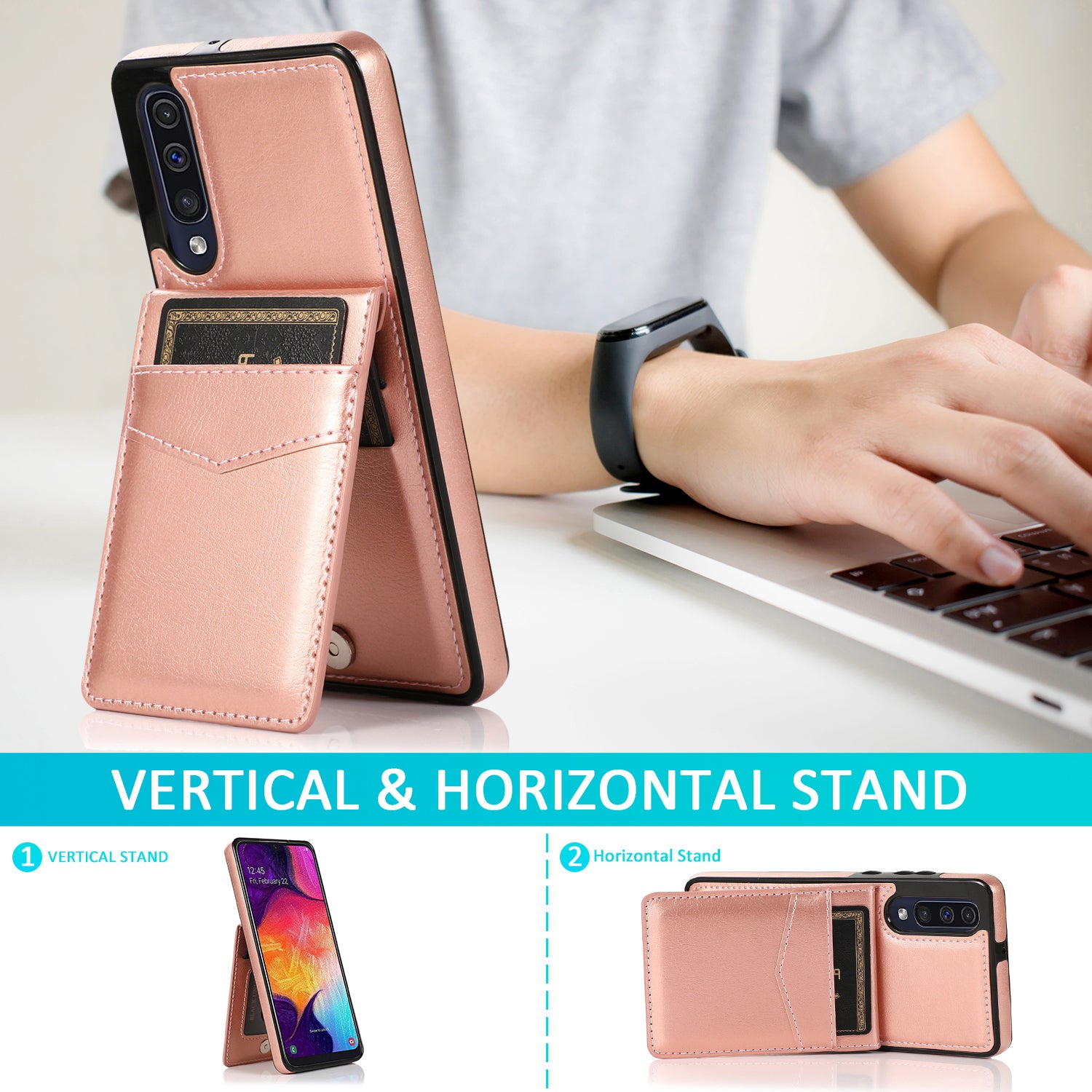 Cell Phone Kickstand Case for Samsung Galaxy A70 Card Slots PU Leather TPU Phone Cover