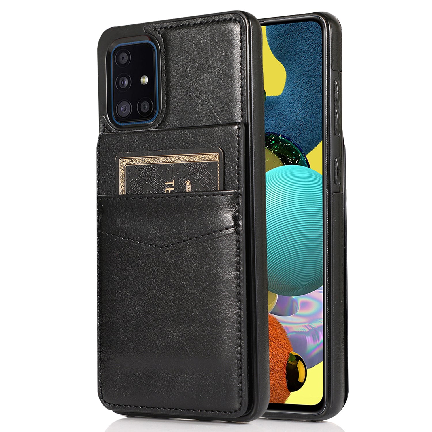 For Samsung Galaxy A51 4G SM-A515 PU Leather TPU Phone Case Cover with Card Holder and Kickstand