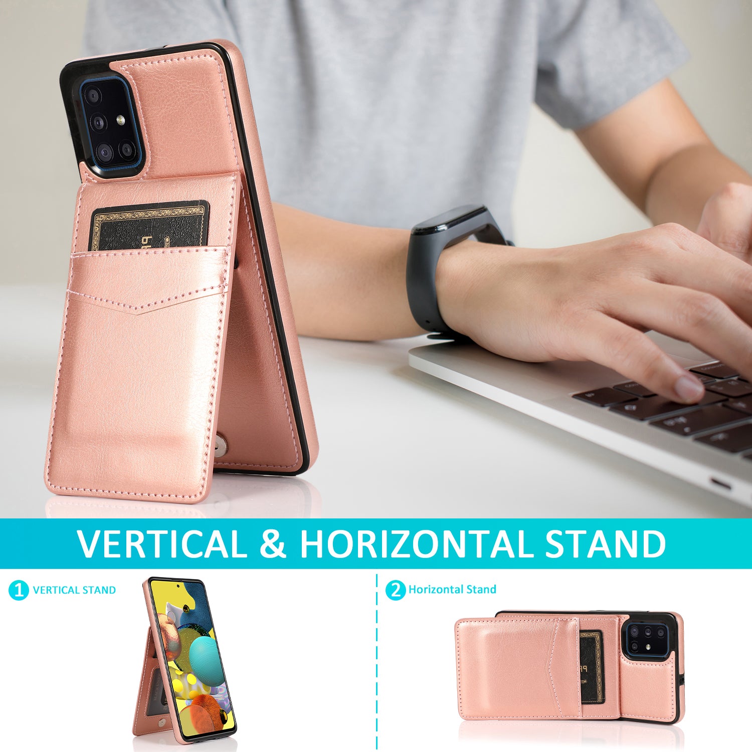 For Samsung Galaxy A51 4G SM-A515 PU Leather TPU Phone Case Cover with Card Holder and Kickstand