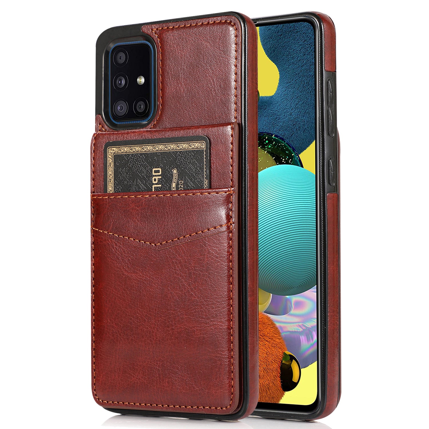 For Samsung Galaxy A51 4G SM-A515 PU Leather TPU Phone Case Cover with Card Holder and Kickstand