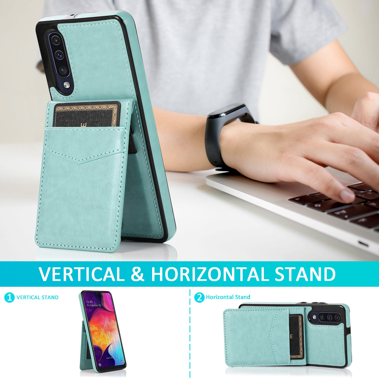 For Samsung Galaxy A30s / A50 / A50s Anti-Dust Cover Card Holder PU Leather TPU Phone Case with Kickstand