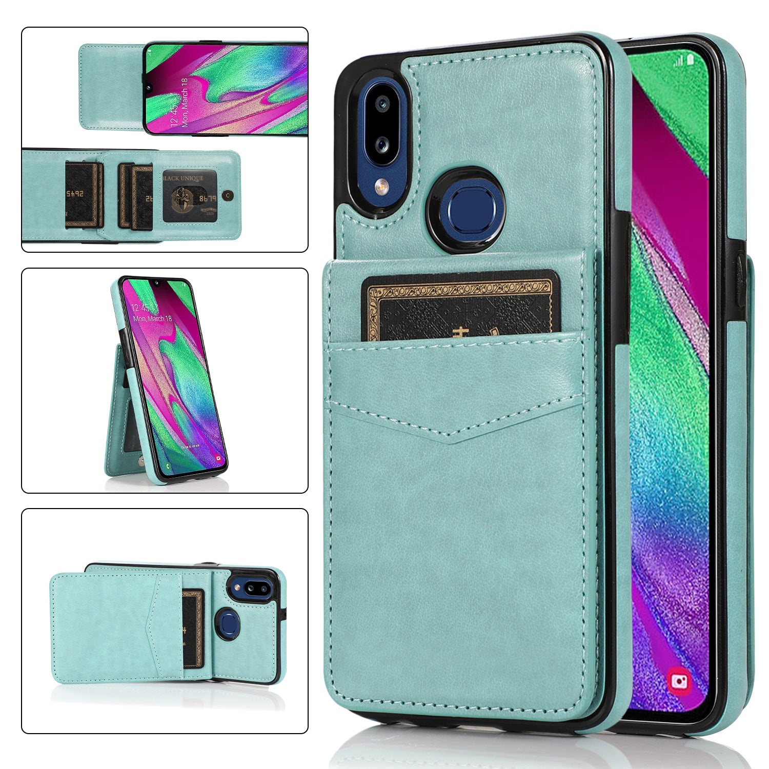 For Samsung Galaxy A40 Leather Coated TPU Case Phone Cover with Kickstand Card Slots