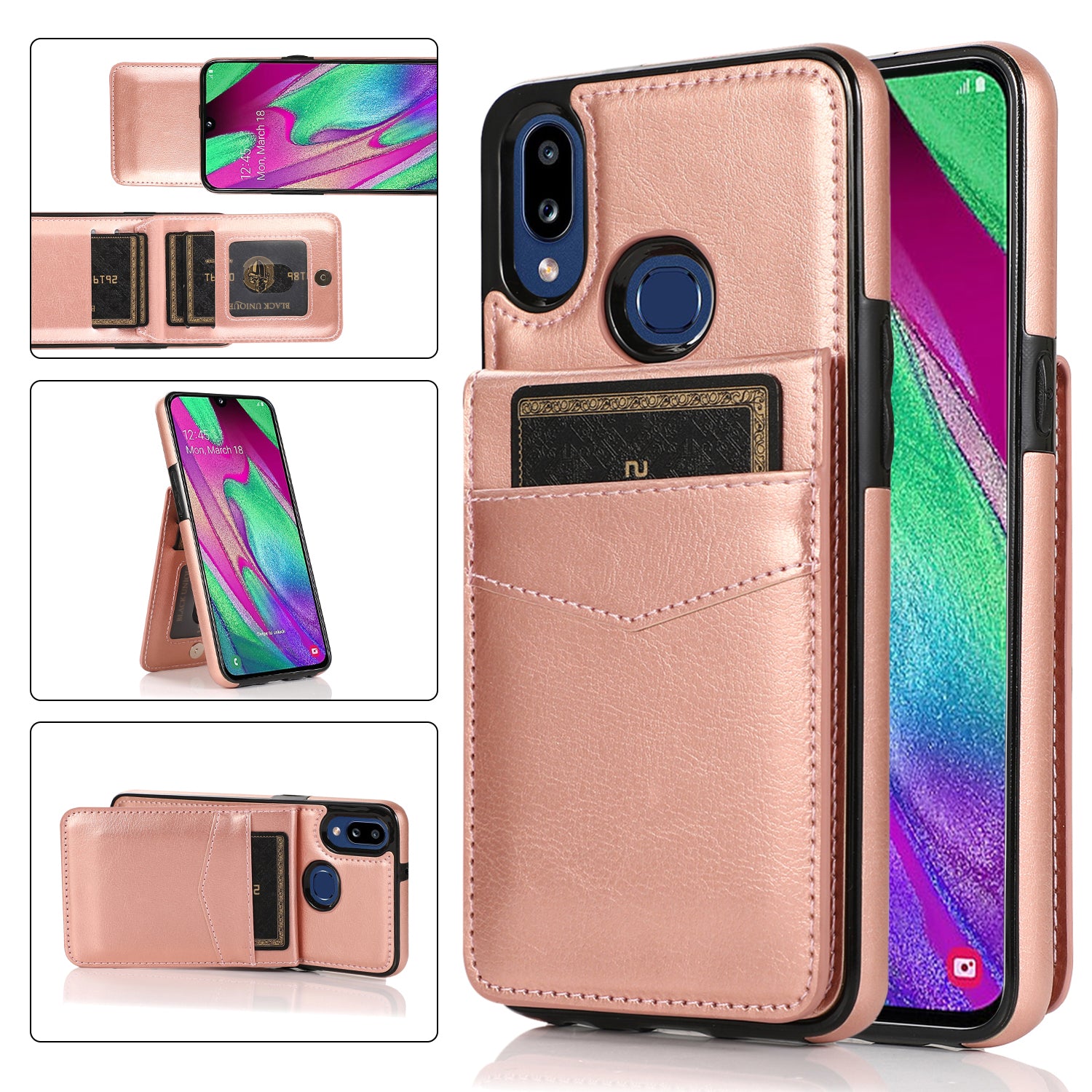For Samsung Galaxy A40 Leather Coated TPU Case Phone Cover with Kickstand Card Slots
