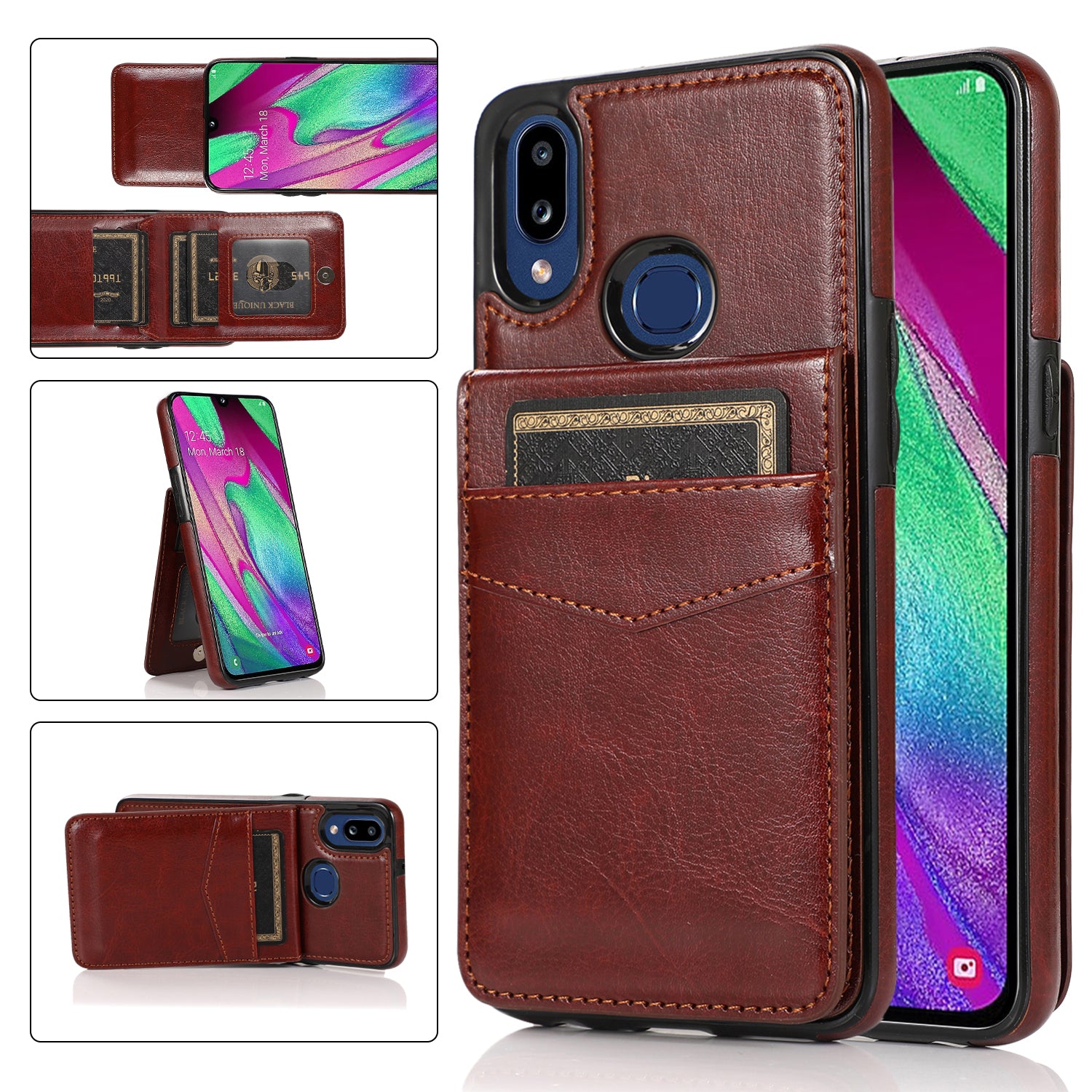 For Samsung Galaxy A40 Leather Coated TPU Case Phone Cover with Kickstand Card Slots