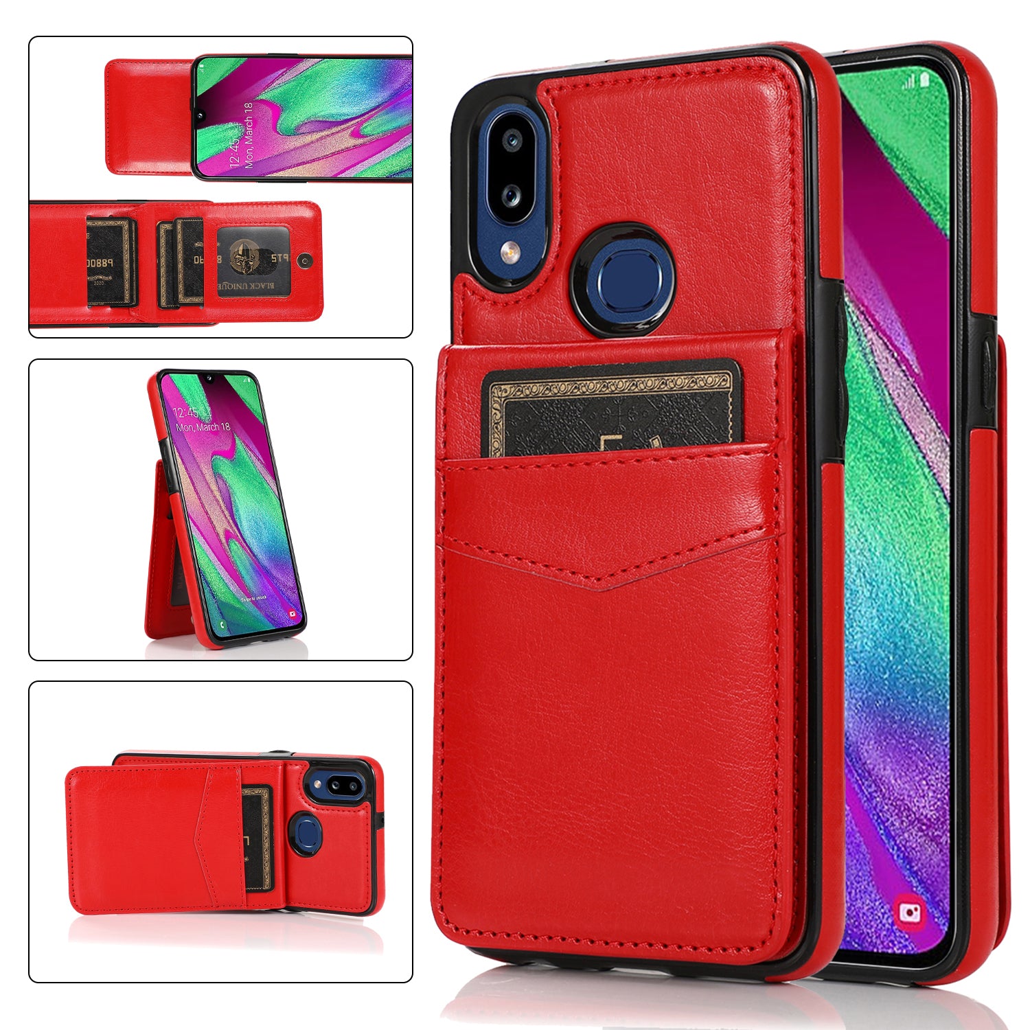 For Samsung Galaxy A40 Leather Coated TPU Case Phone Cover with Kickstand Card Slots