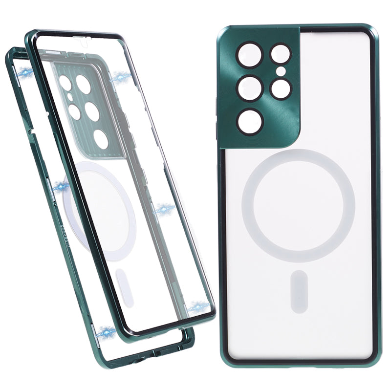 For Samsung Galaxy S21 Ultra 5G Magnetic Phone Case Metal Frame Tempered Glass Matte PC Phone Cover